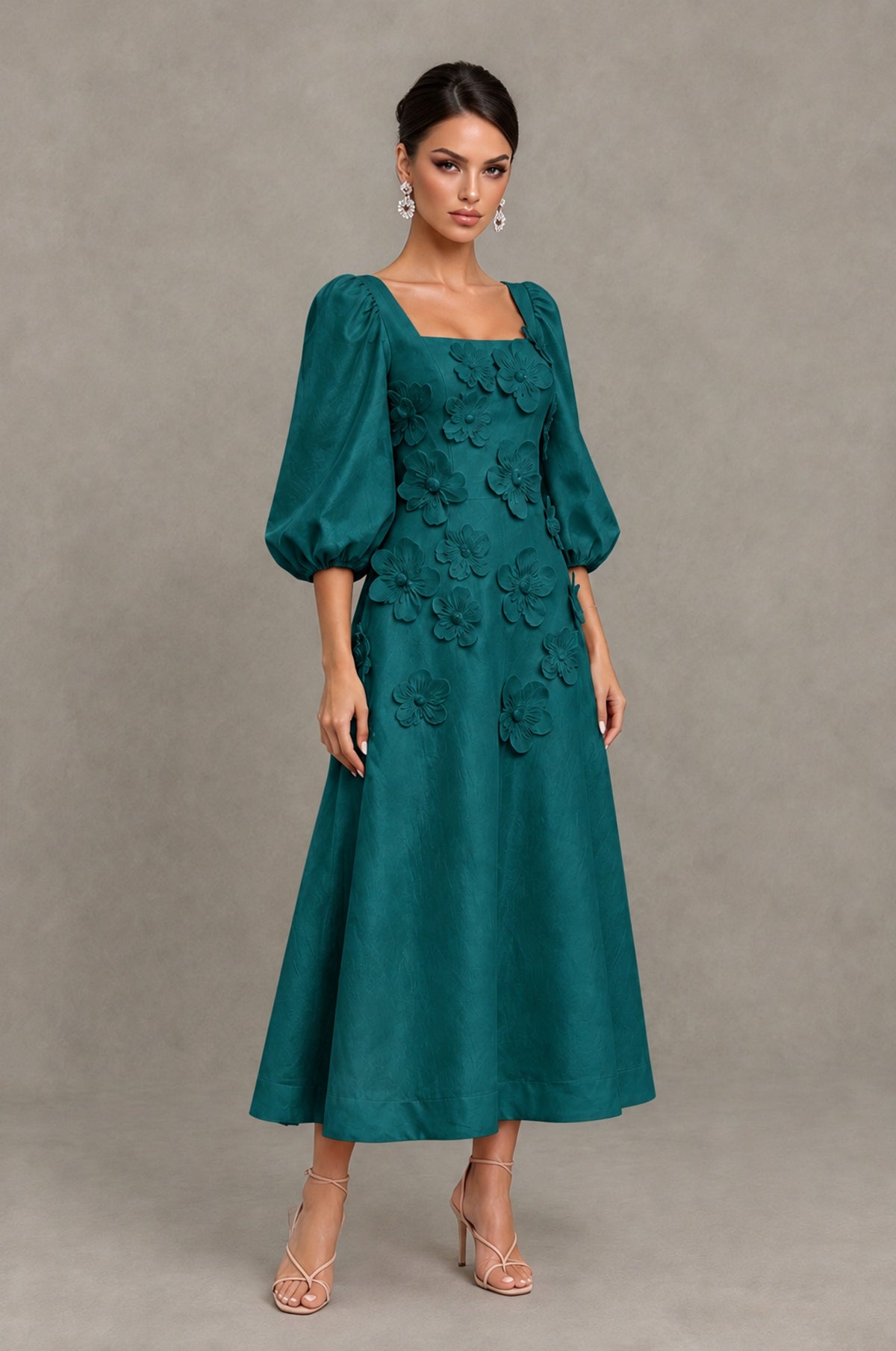 BOLODOO Peacock 3D Floral Puff Sleeve Midi Cocktail Dress - Peacock - Peacock_3
