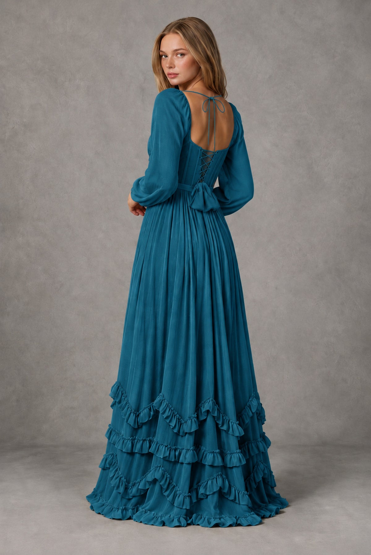 Peacock Long-Sleeve Ruffle Maxi Dress with Lace-Up Back and Slit - Peacock