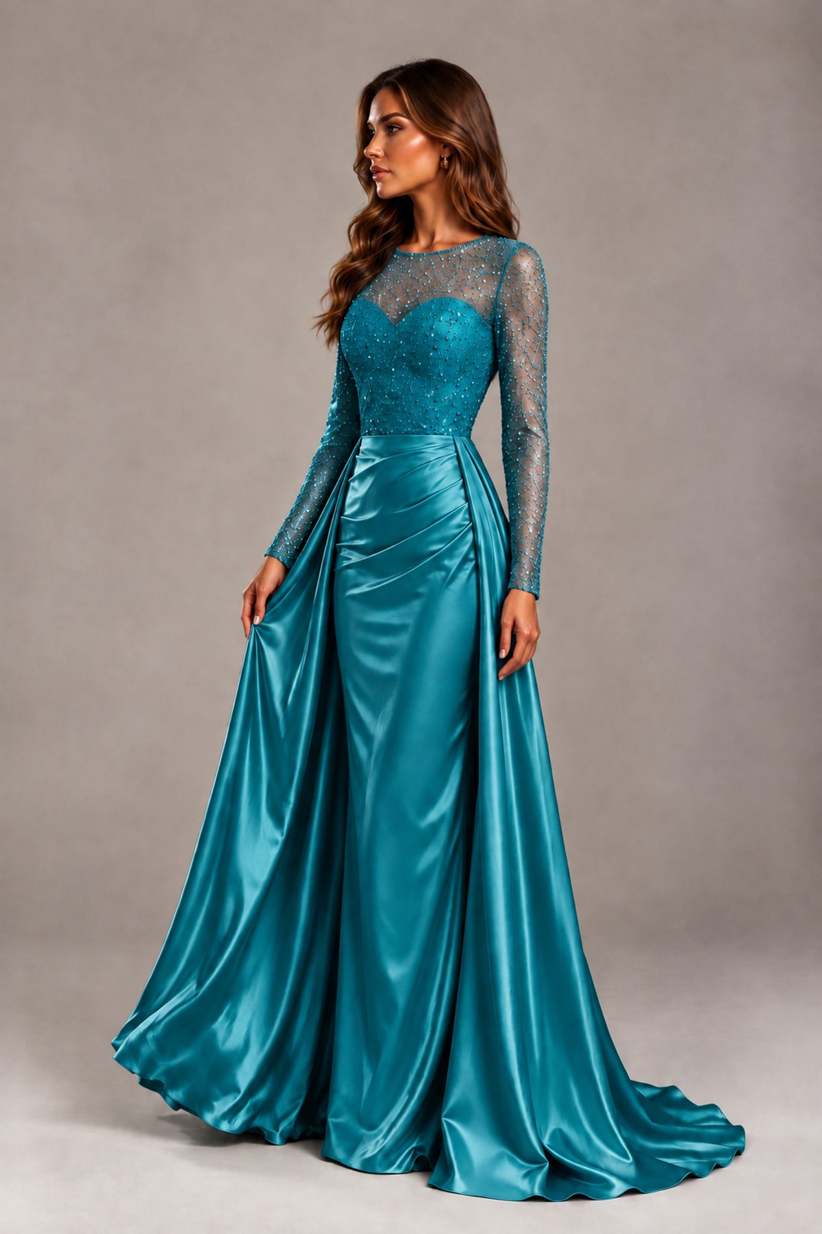 BOLODOO Peacock Long Sleeve Embellished Satin Evening Gown with Sweep Train - Peacock - Peacock_3