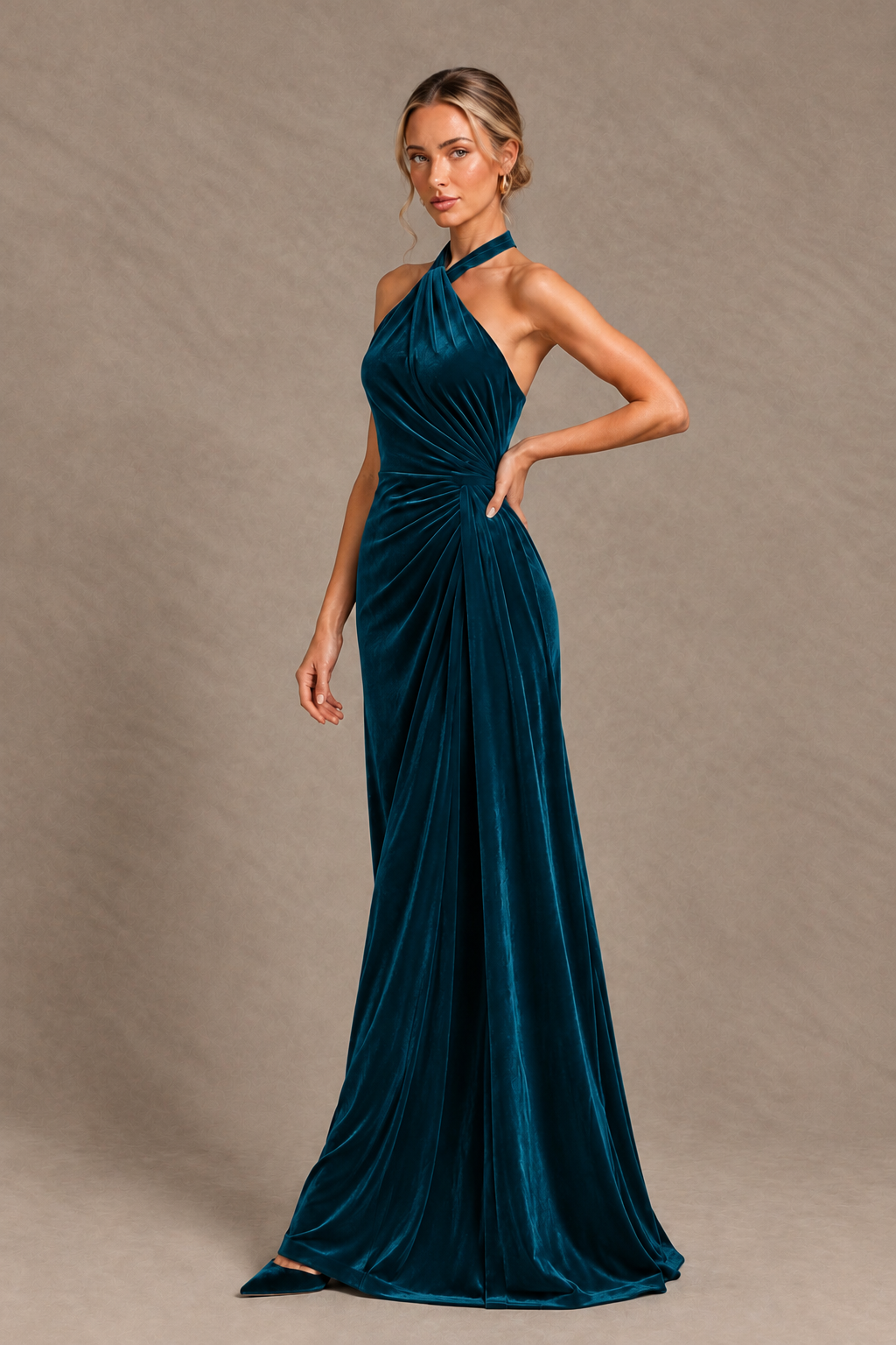 BOLODOO Peacock Velvet Halter Open-Back Ruched Evening Dress - Peacock - Peacock_3