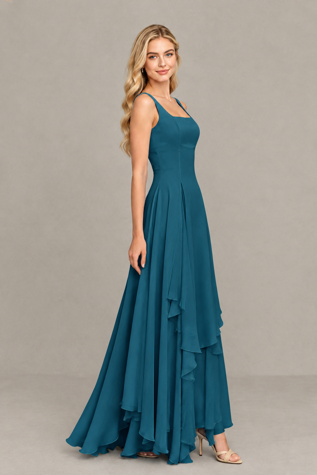 BOLODOO Peacock Square Neck Chiffon Bridesmaid Dress with Lace-Up Back - Peacock