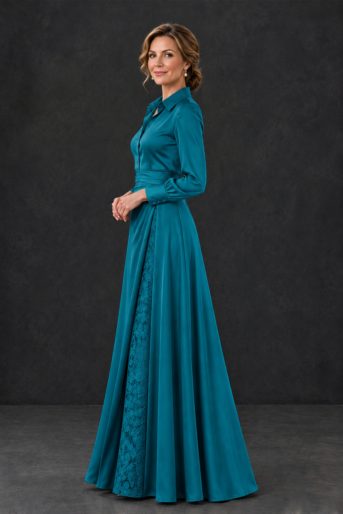 BOLODOO Peacock Long Sleeve Satin-Look Lace Panel Gown - Peacock - Peacock_3