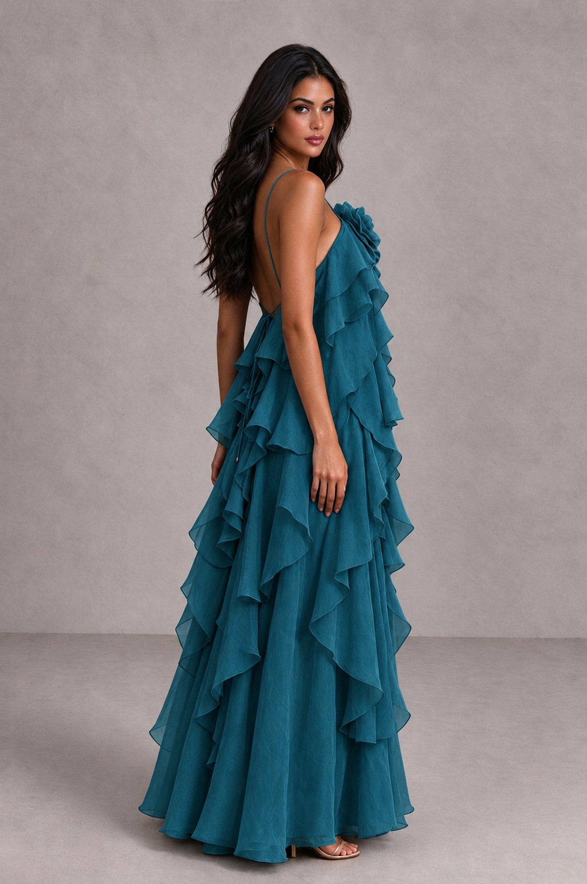 BOLODOO Peacock Cascading Ruffle Rosette Open-Back Maxi Dress - Peacock - Peacock_3
