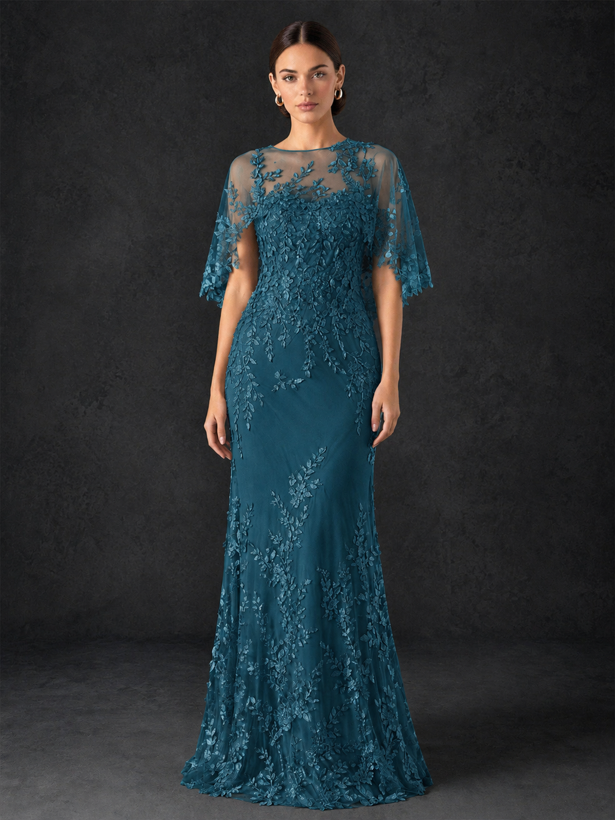 BOLODOO Mocha Rose Botanical Lace Flutter Sleeve Mermaid Gown - Peacock - Peacock