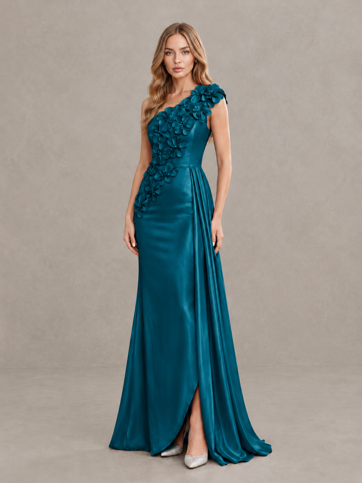 BOLODOO Peacock One-Shoulder Satin Mermaid Evening Gown with 3D Floral Appliqué - Peacock - Peacock_3