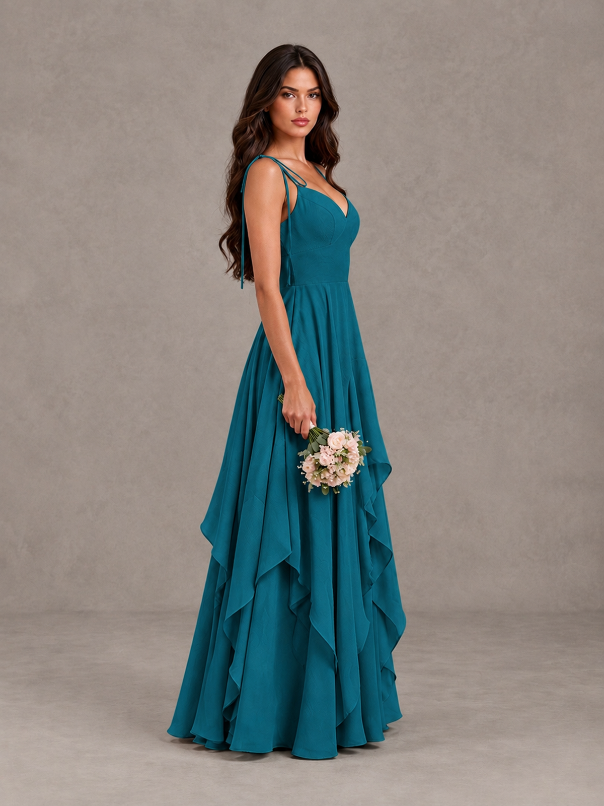 BOLODOO Peacock Tie-Strap Ruffle A-Line Bridesmaid Dress - Peacock - Peacock_3