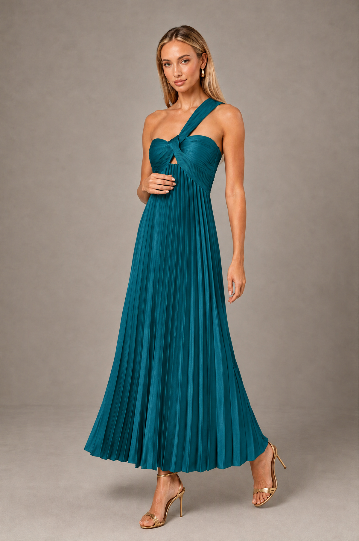 BOLODOO Peacock One-Shoulder Twist Knot Pleated Satin Midi Dress with Cutout - Peacock - Peacock_3