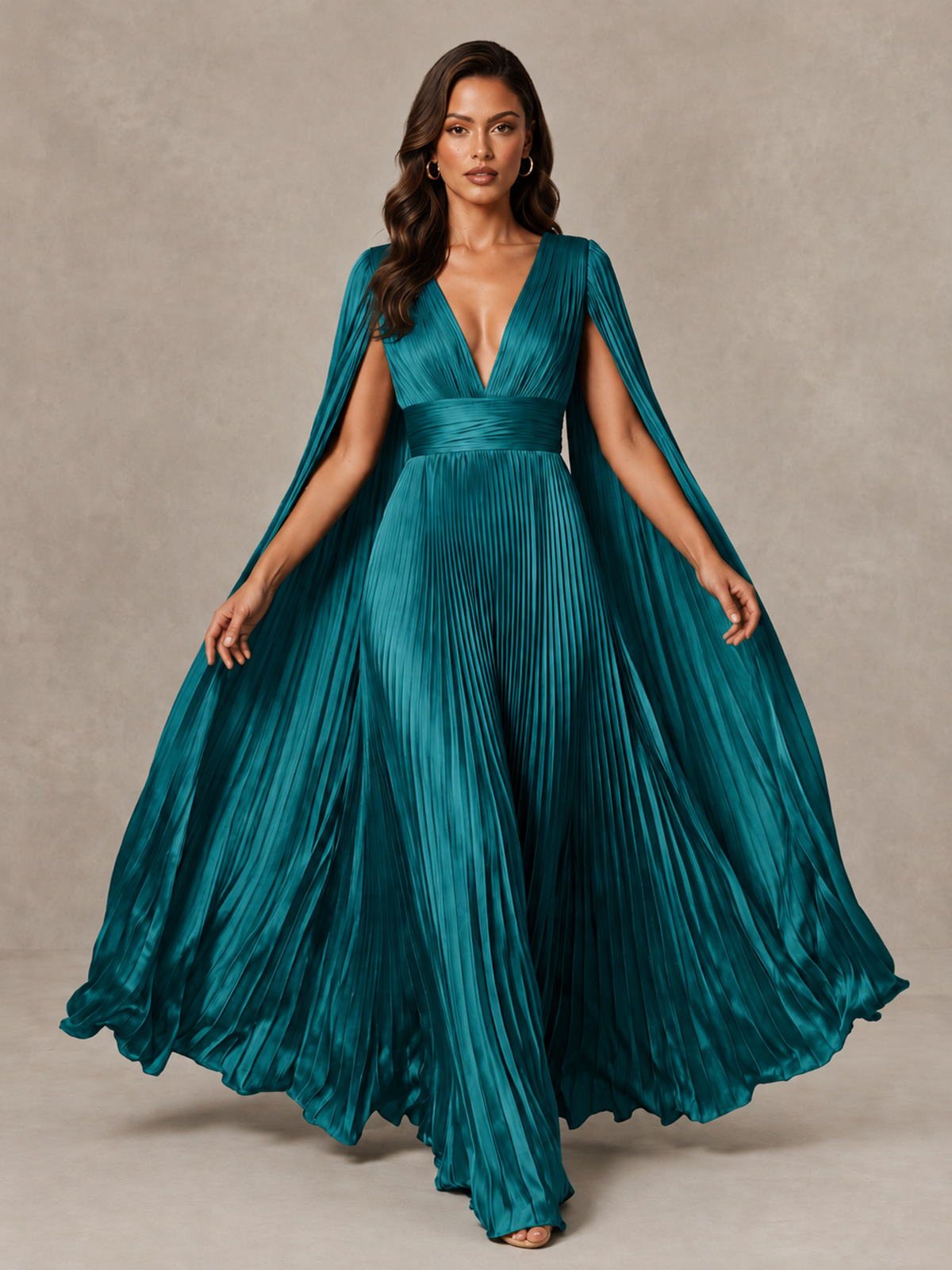 BOLODOO Peacock Deep V-Neck Pleated Cape Sleeve Evening Gown - Peacock - Peacock_3