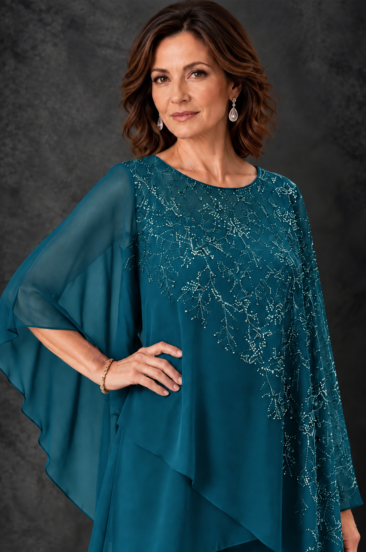 BOLODOO Peacock Embellished Cape Pant Suit for Mother of the Bride - Peacock - Peacock_3