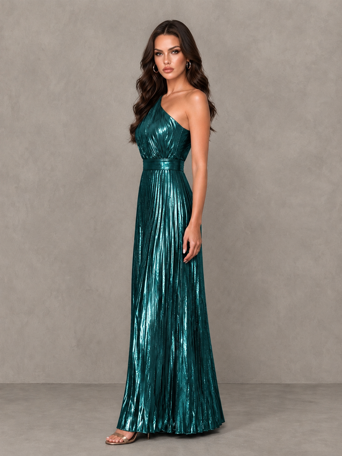 BOLODOO Peacock One-Shoulder Metallic Pleated Wide-Leg Jumpsuit - Peacock - Peacock_3