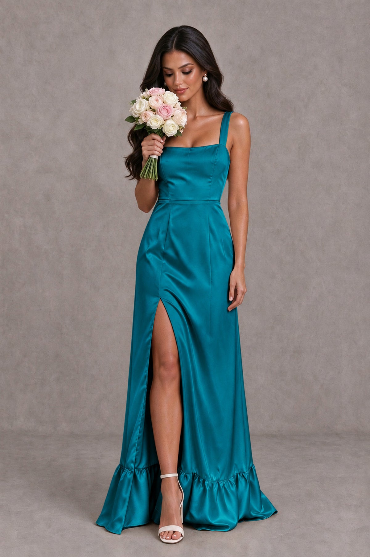BOLODOO Peacock Square Neck Satin Evening Dress with Lace-Up Back and High Slit - Peacock - Peacock_3