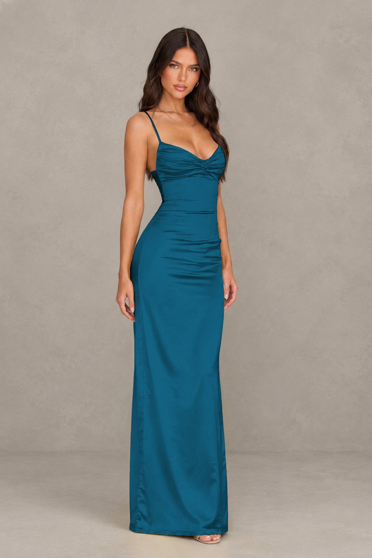 BOLODOO Peacock Satin Cowl Neck Open Back Mermaid Maxi Dress with Side Slit - Peacock