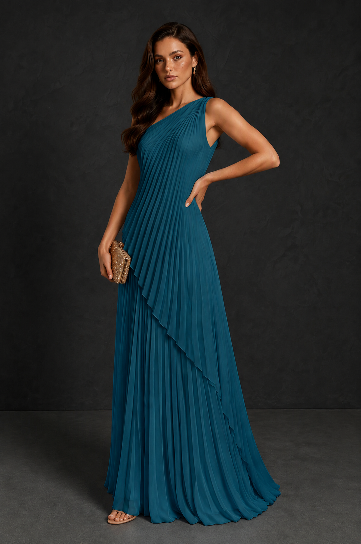BOLODOO Peacock One-Shoulder Sunburst Pleated Asymmetric Layered Overlay Accordion Pleated Chiffon Maxi Dress - Peacock