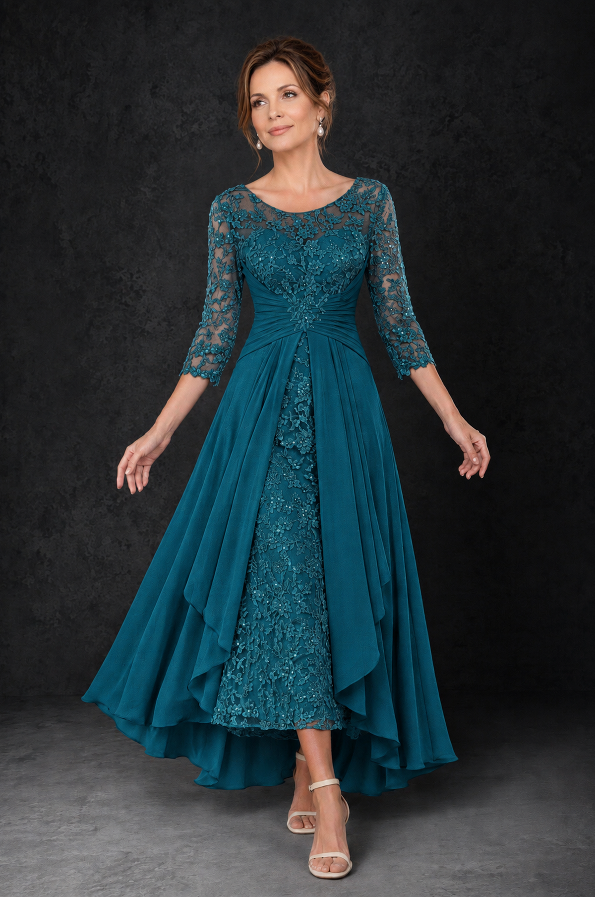 BOLODOO Peacock Sequin Lace & Chiffon Tea-Length Mother of the Bride Dress with 3/4 Sleeves - Peacock