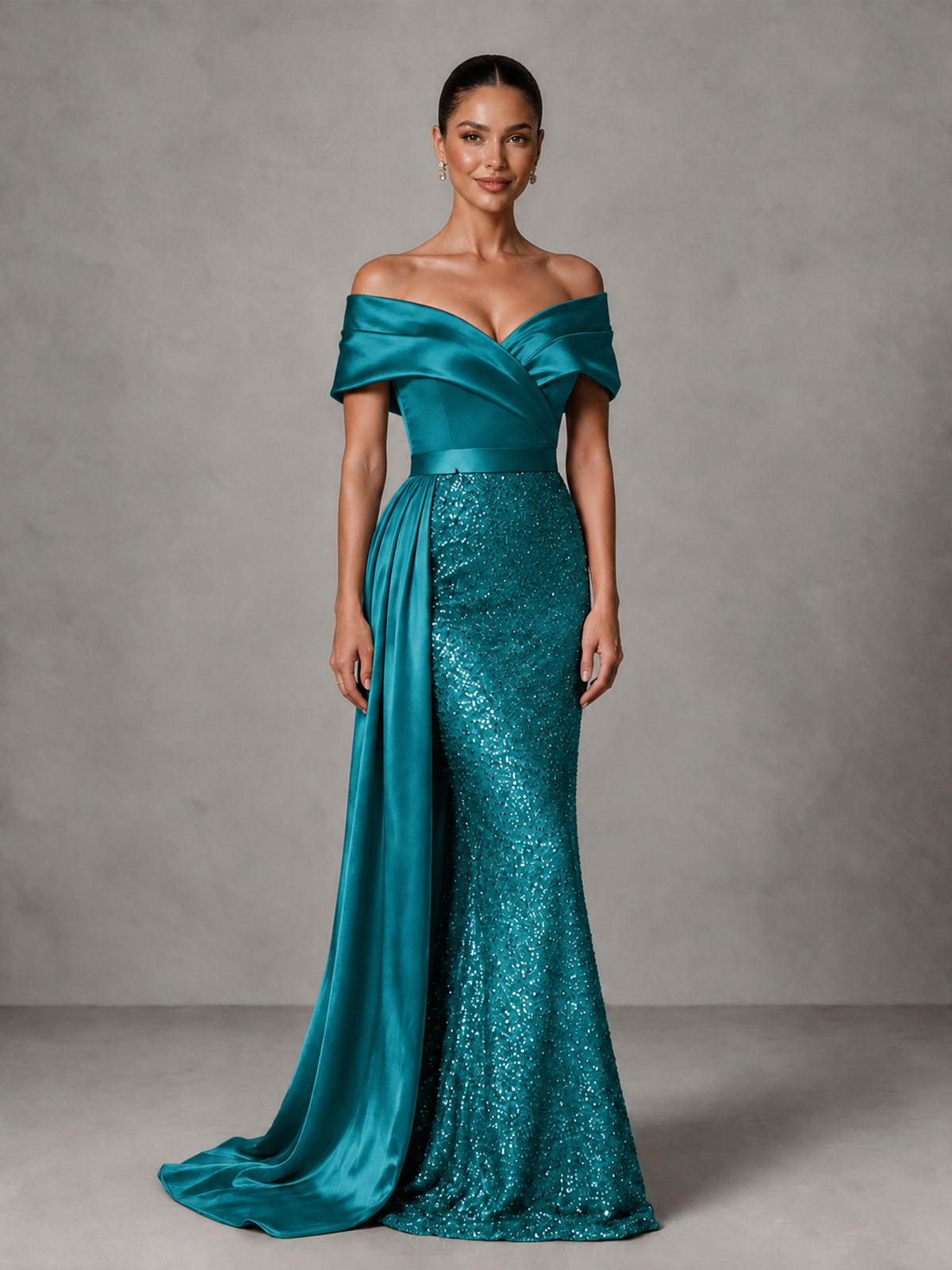 BOLODOO Peacock Sequin Mermaid Evening Dress with Off-Shoulder Satin Drape and Sweep Train - Peacock - Peacock_3