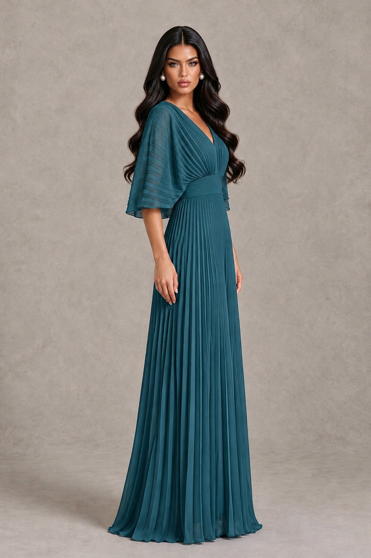 BOLODOO Peacock V-Neck Pleated Flutter Sleeve Formal Dress - Peacock - Peacock_3