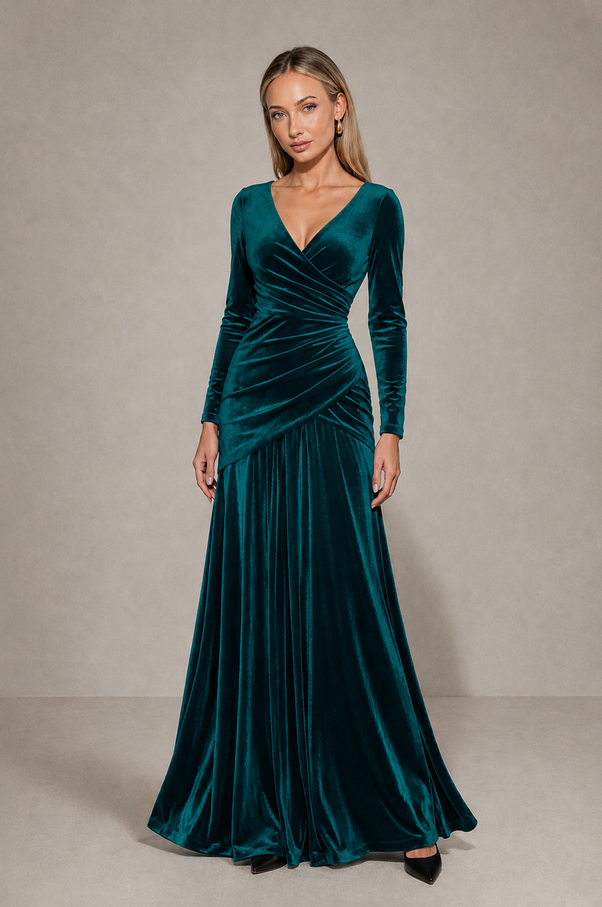 BOLODOO Peacock Velvet Long Sleeve V-Neck Ruched Evening Dress - Peacock - Peacock_3
