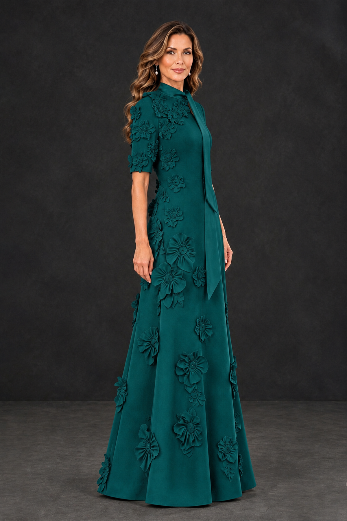 BOLODOO Peacock Floral Applique High-Neck Half-Sleeve Gown - Peacock - Peacock_3