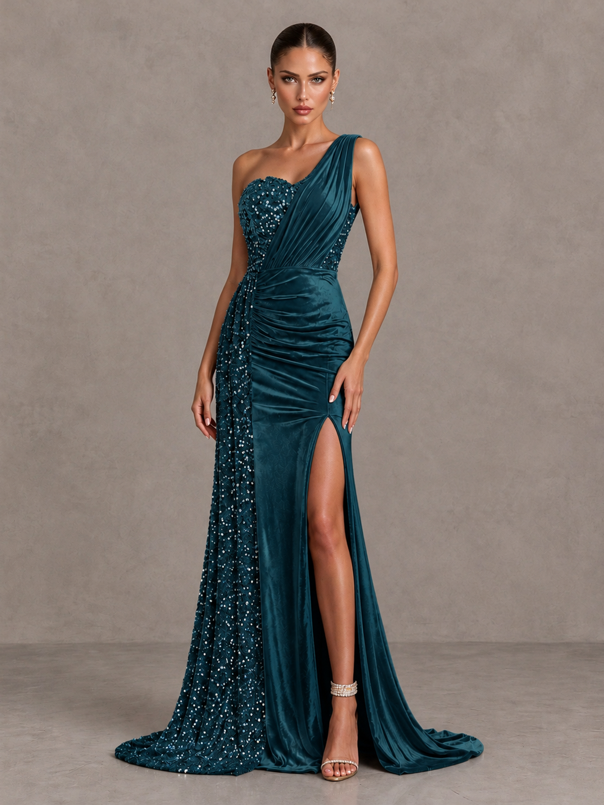 BOLODOO Peacock One-Shoulder Satin Sequin Gown with High Slit - Peacock - Peacock_3