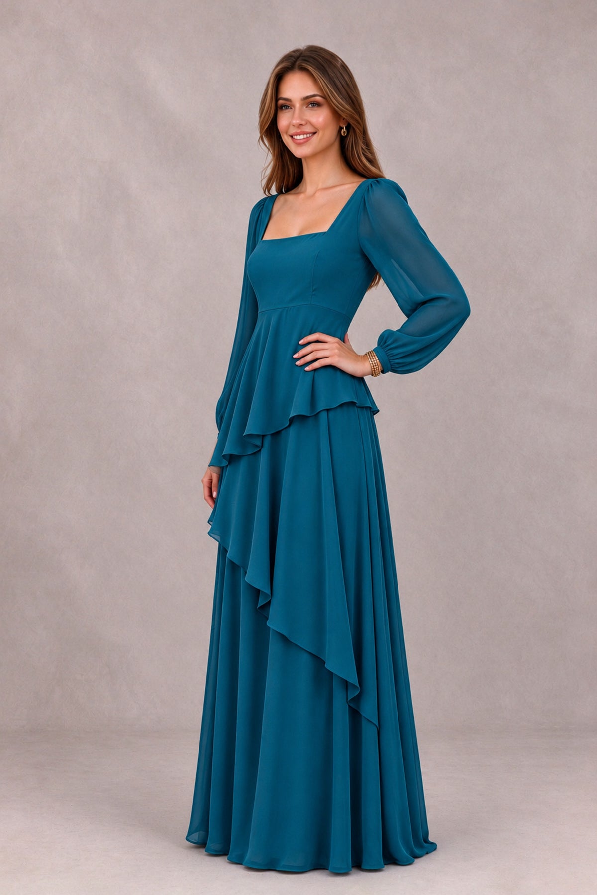 BOLODOO Peacock Long Sleeve Ruffle Bridesmaid Dresses - Peacock - Peacock_3