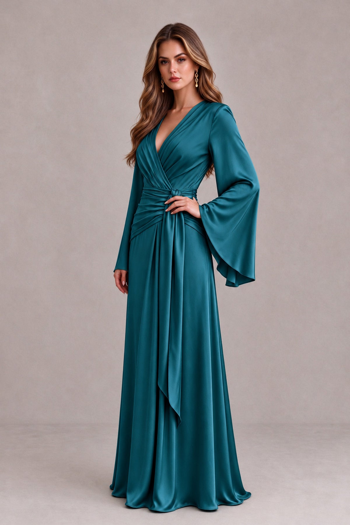 BOLODOO Peacock Yellow Satin-Look V-Neck Long Bell Sleeve Evening Dress - Peacock - Peacock_3