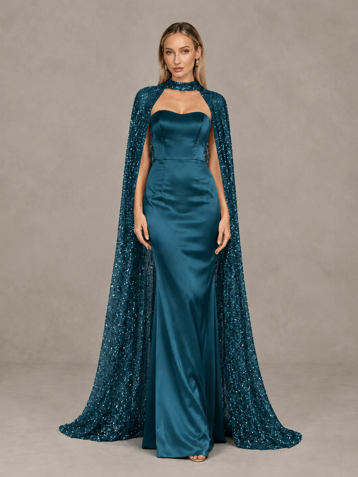 BOLODOO Peacock Strapless Satin-Look Evening Gown with Sequin Cape - Peacock - Peacock_3