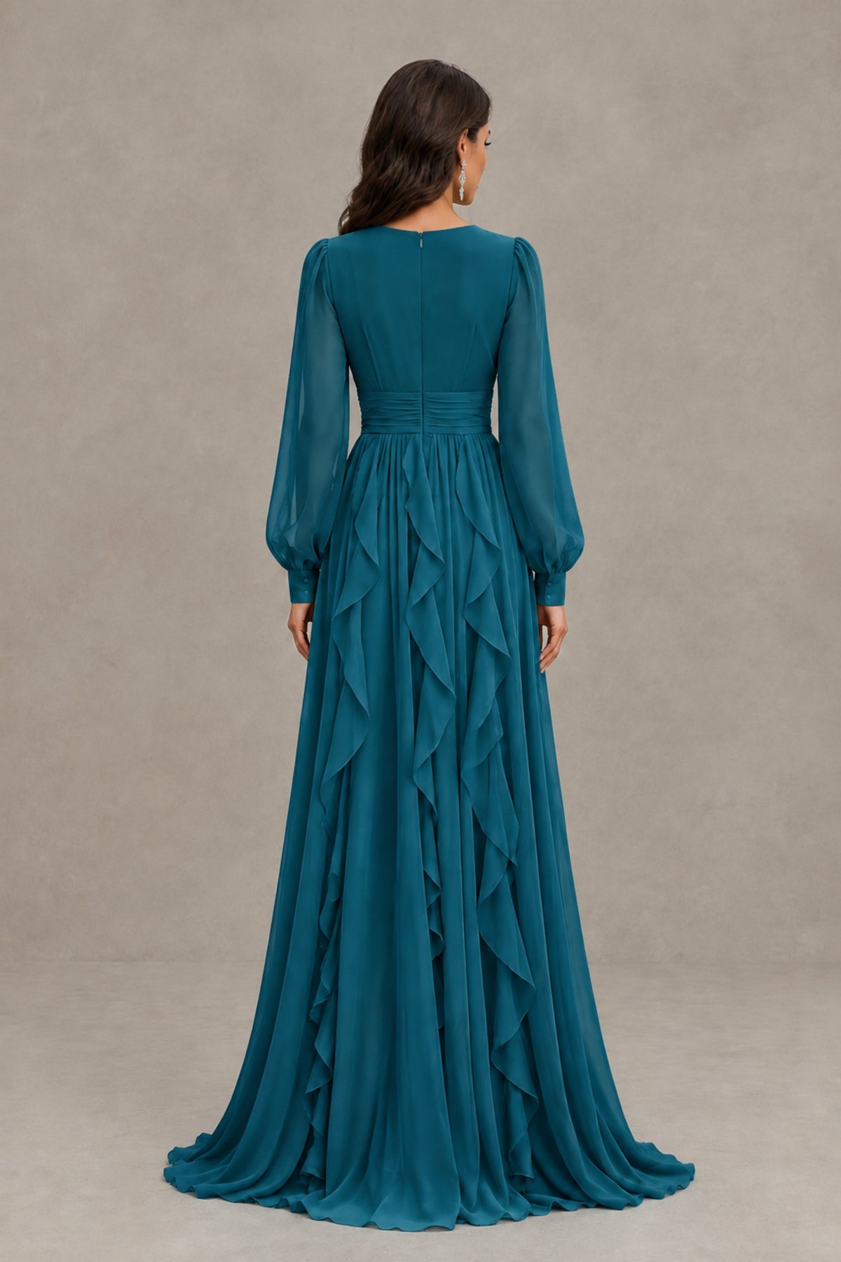 BOLODOO Peacock Long Sleeve V-Neck Ruffle Maxi Dress - Peacock