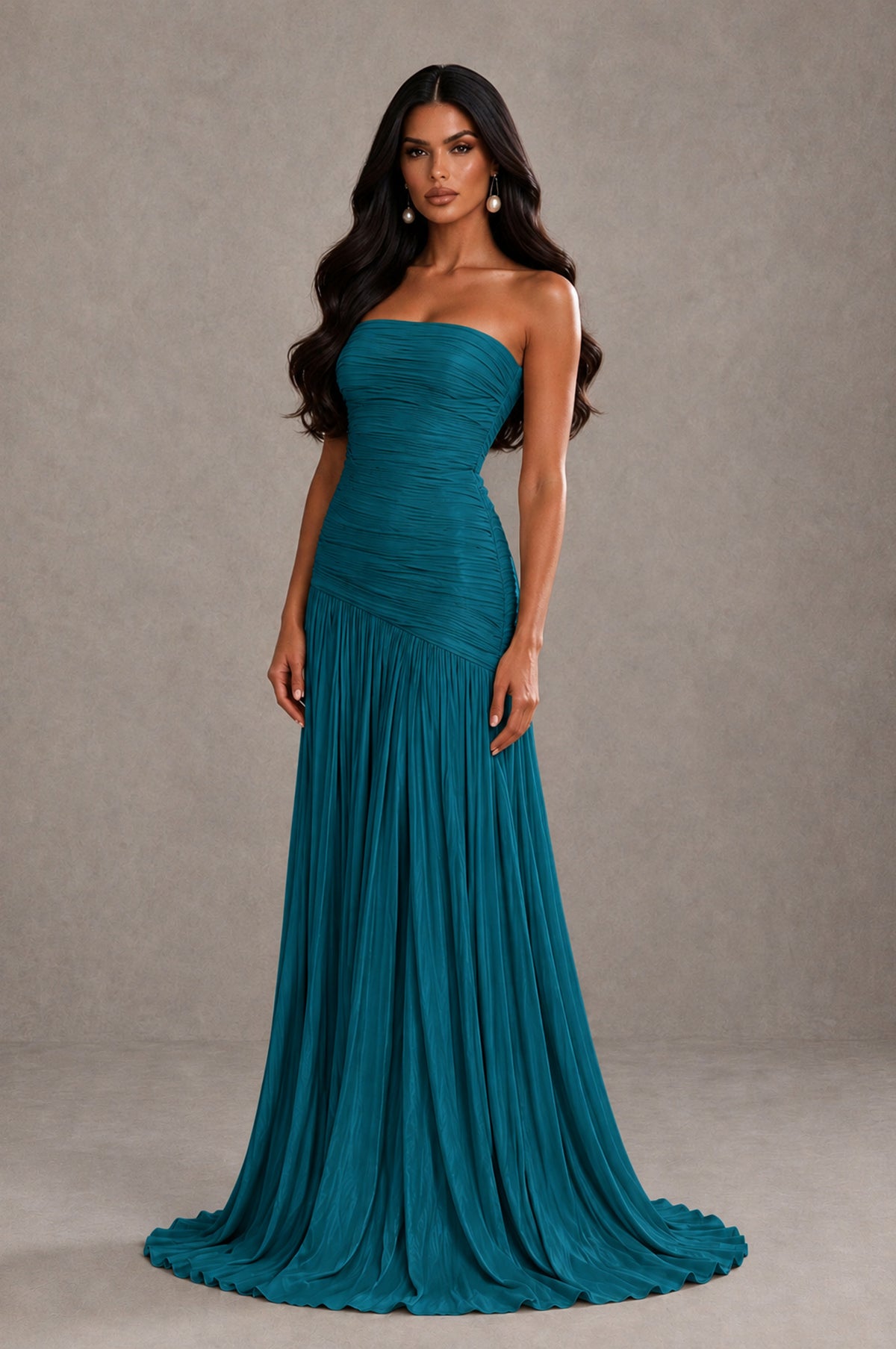 BOLODOO Peacock Metallic Ruched Strapless Pleated A-Line Backless Maxi Dress with Train - Peacock - Peacock_3