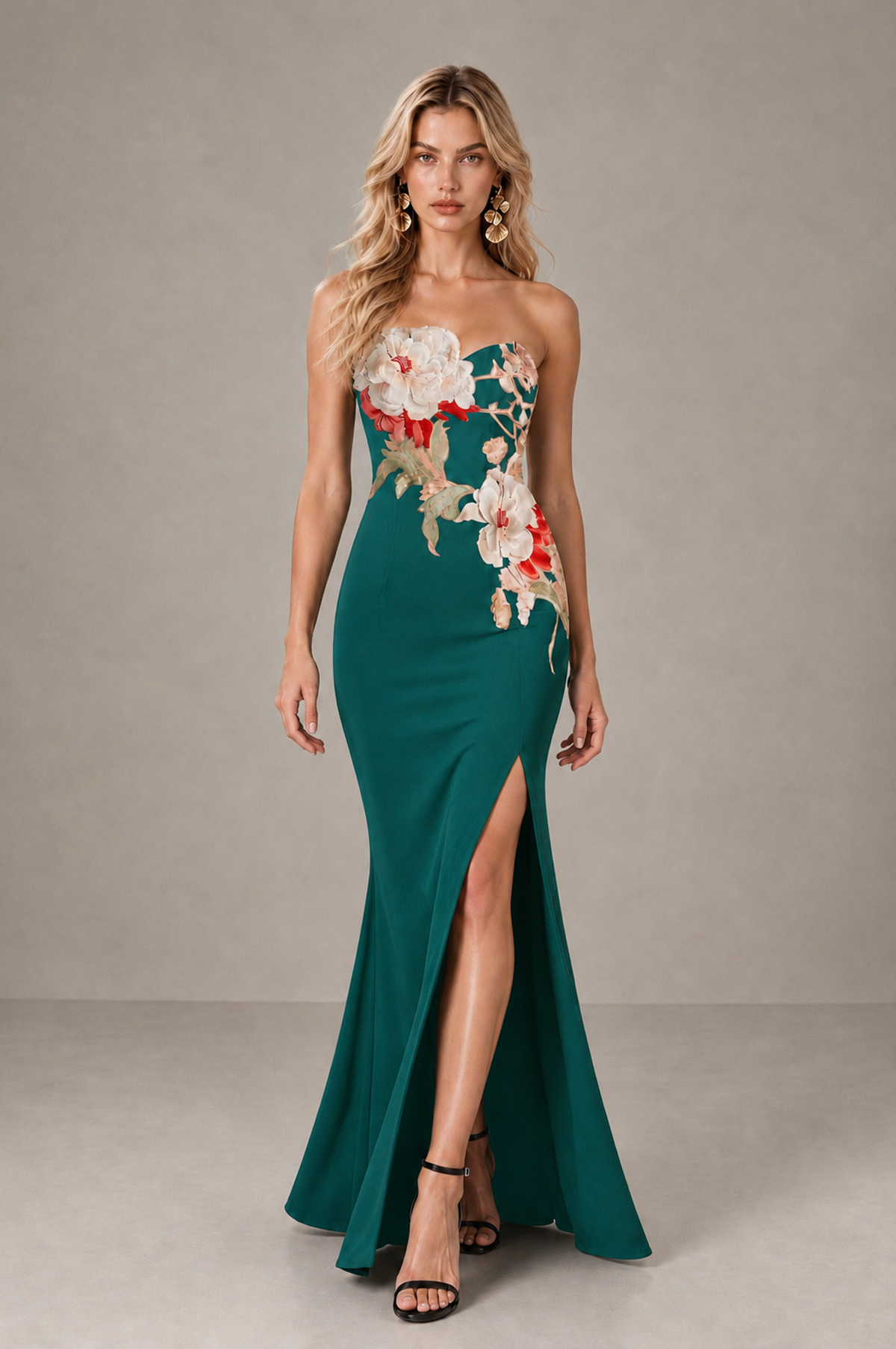 BOLODOO Peacock Strapless Floral Mermaid Evening Dress with Slit - Peacock - Peacock_3