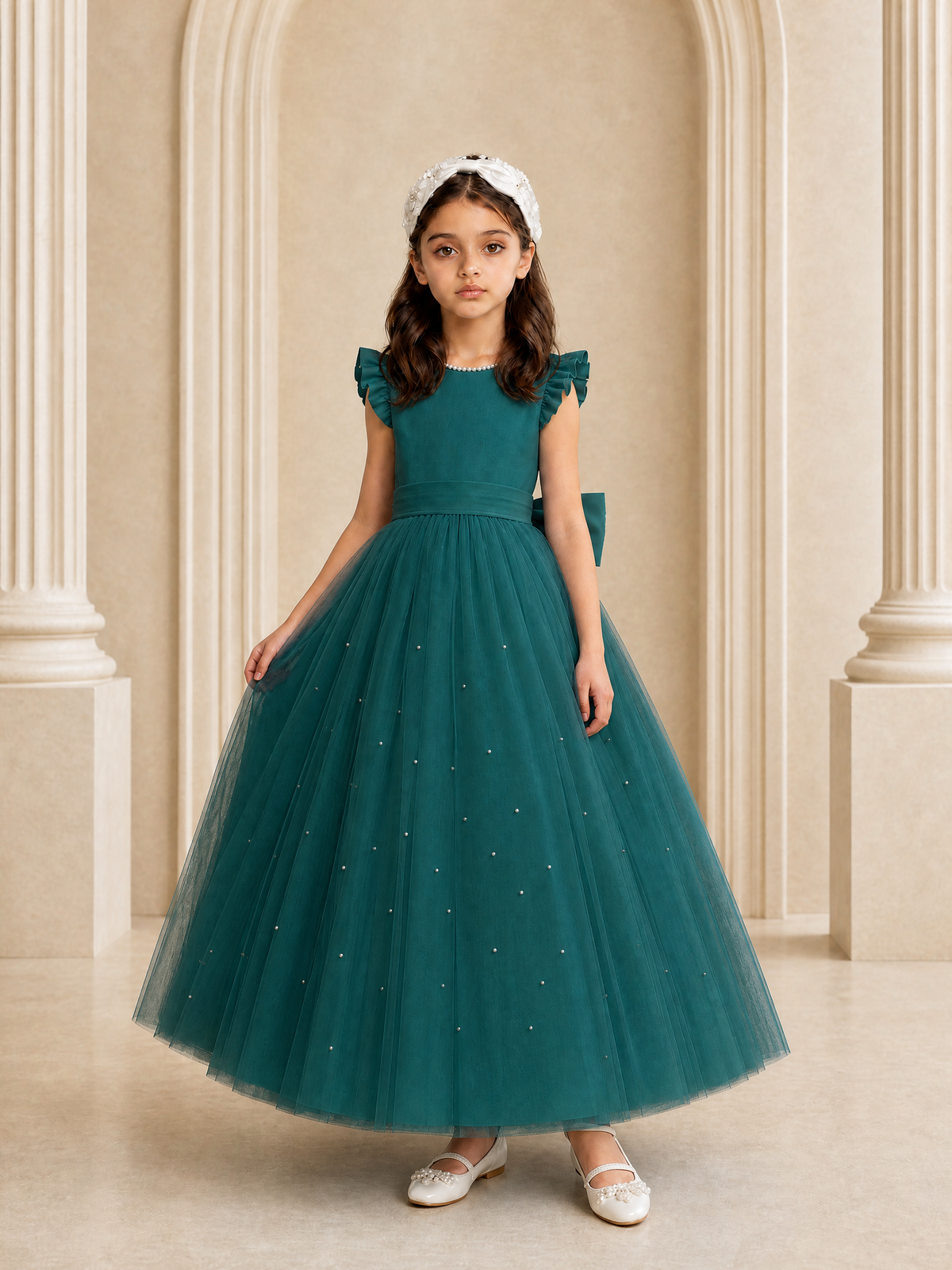 BOLODOO Peacock Tulle Flower Girl Dress with Ruffle Sleeves & Bow Back - Peacock - Peacock_3