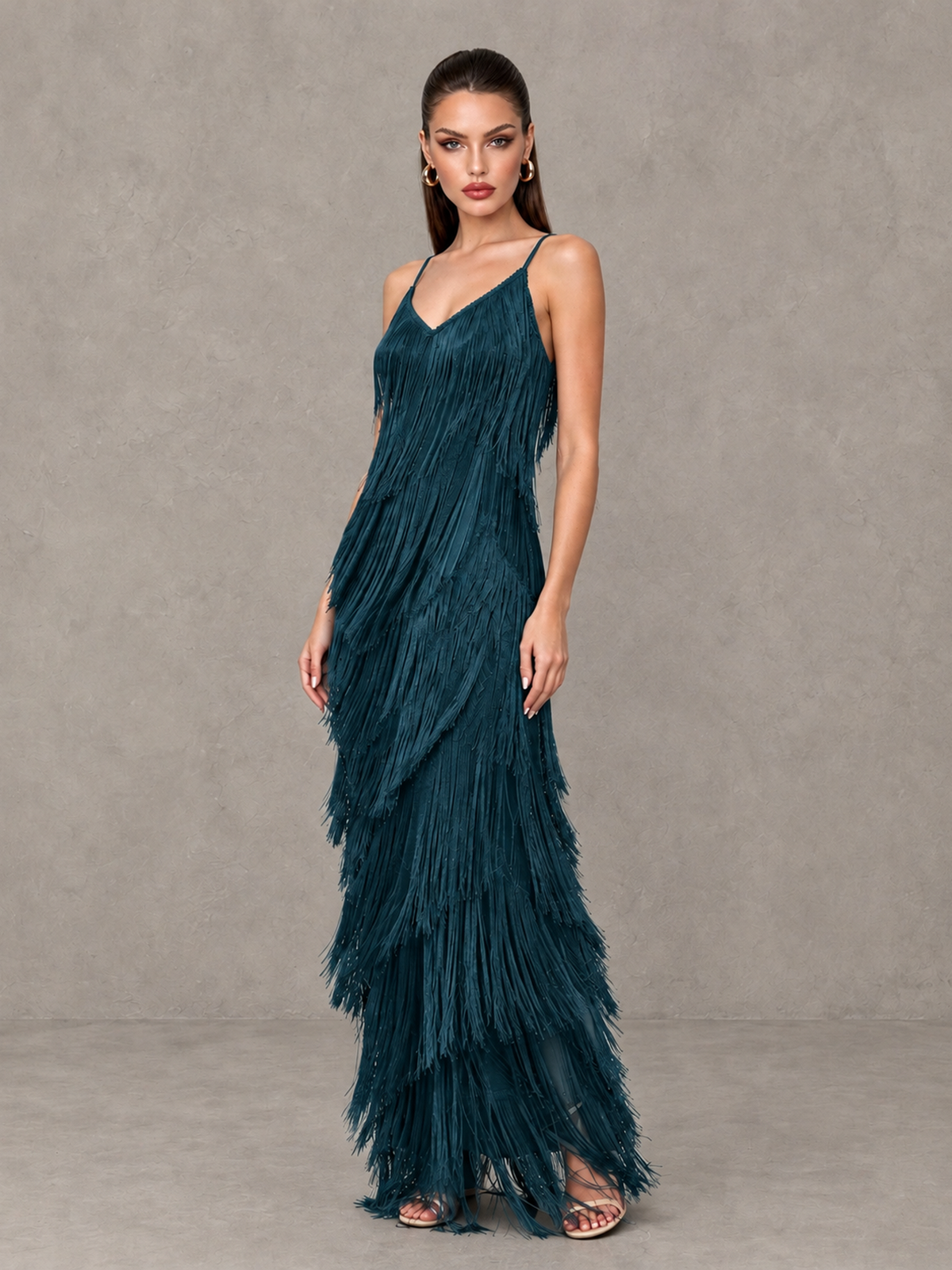 BOLODOO Peacock V-Neck Spaghetti Strap Fringe Maxi Evening Dress - Peacock - Peacock_3