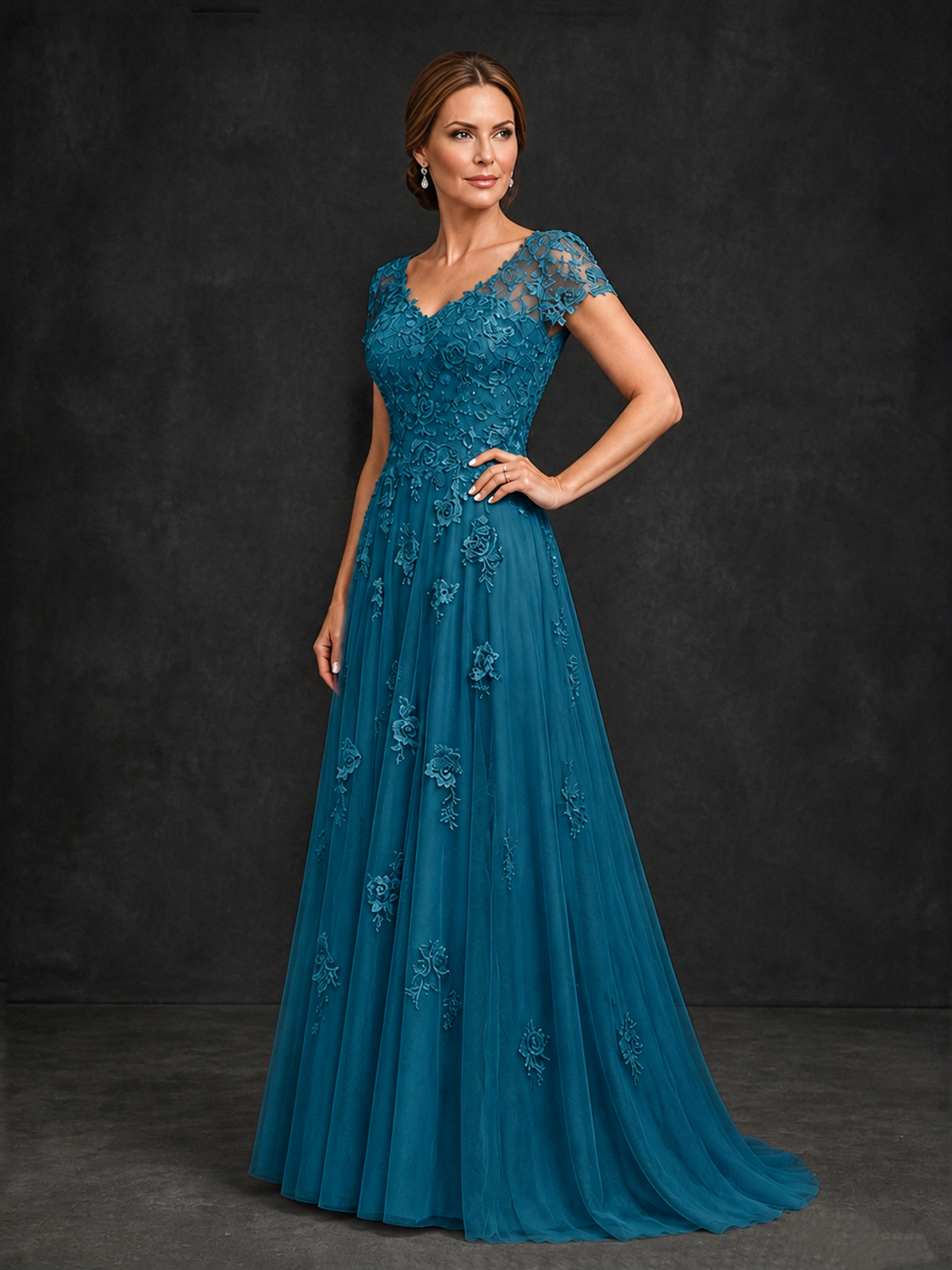 BOLODOO Peacock Cap Sleeve Lace Appliqué A-Line Formal Gown | Mother of the Bride Dress - Peacock - Peacock_3