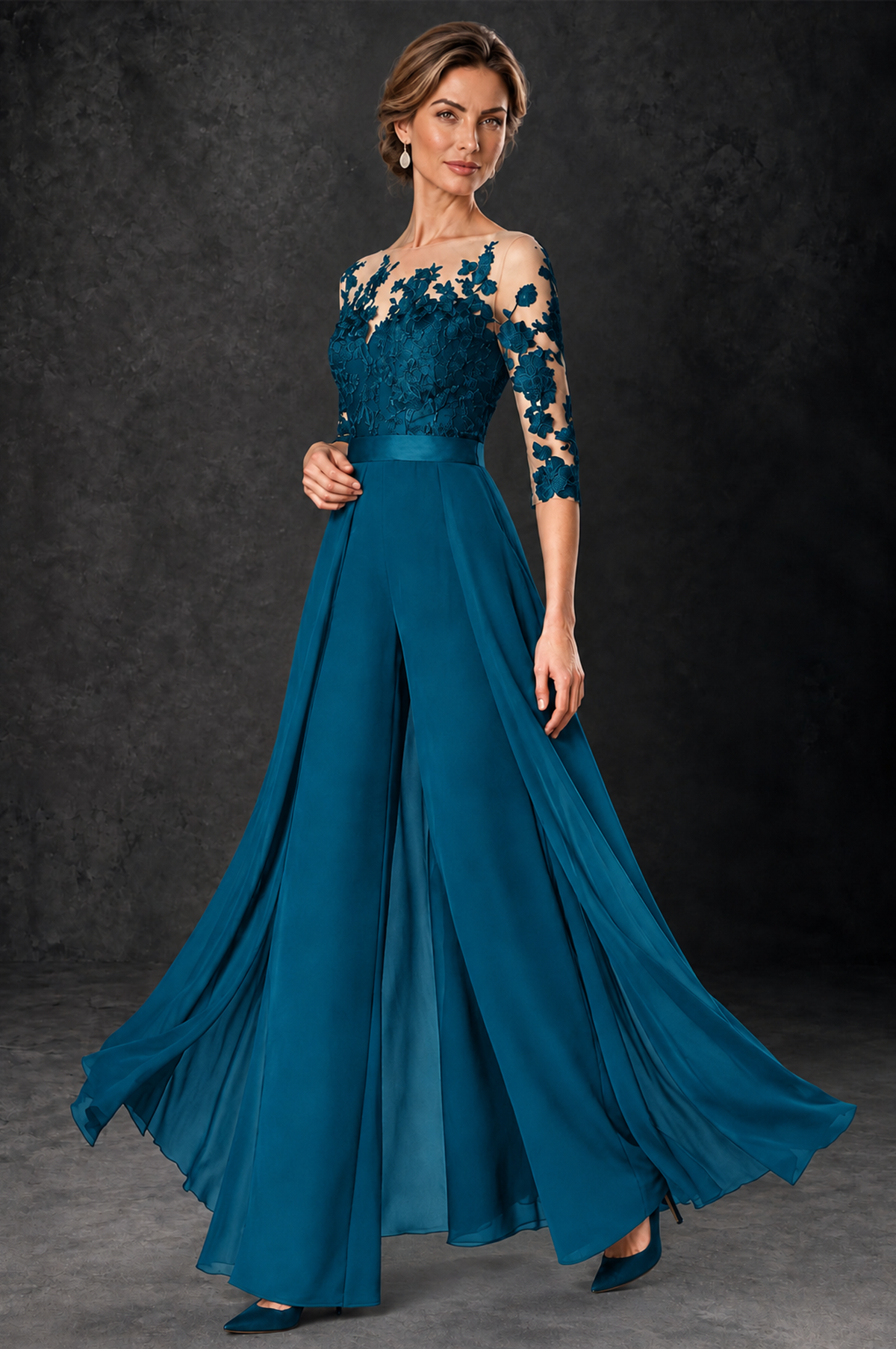 BOLODOO Peacock Lace Wide-Leg Jumpsuit with Three-Quarter Sleeves - Peacock - Peacock_3