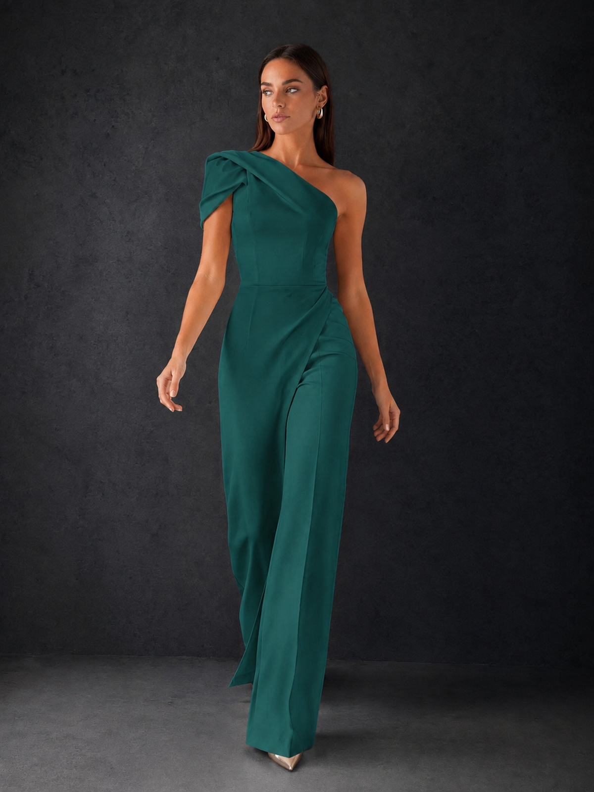 BOLODOO Peacock One-Shoulder Puff Sleeve Wide-Leg Jumpsuit with Front Slit and Open Back - Peacock
