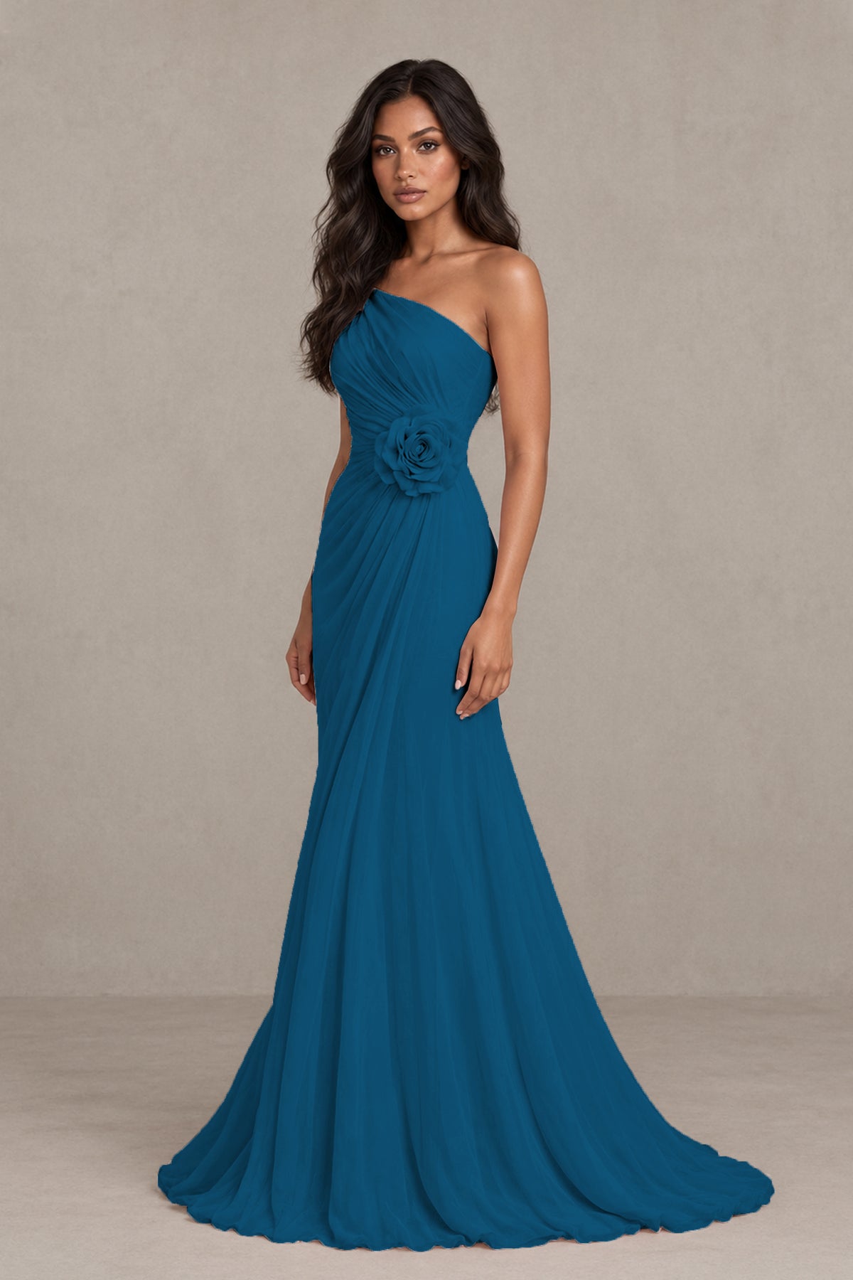 BOLODOO Peacock One-Shoulder Floral Ruched Maxi Dress - Peacock