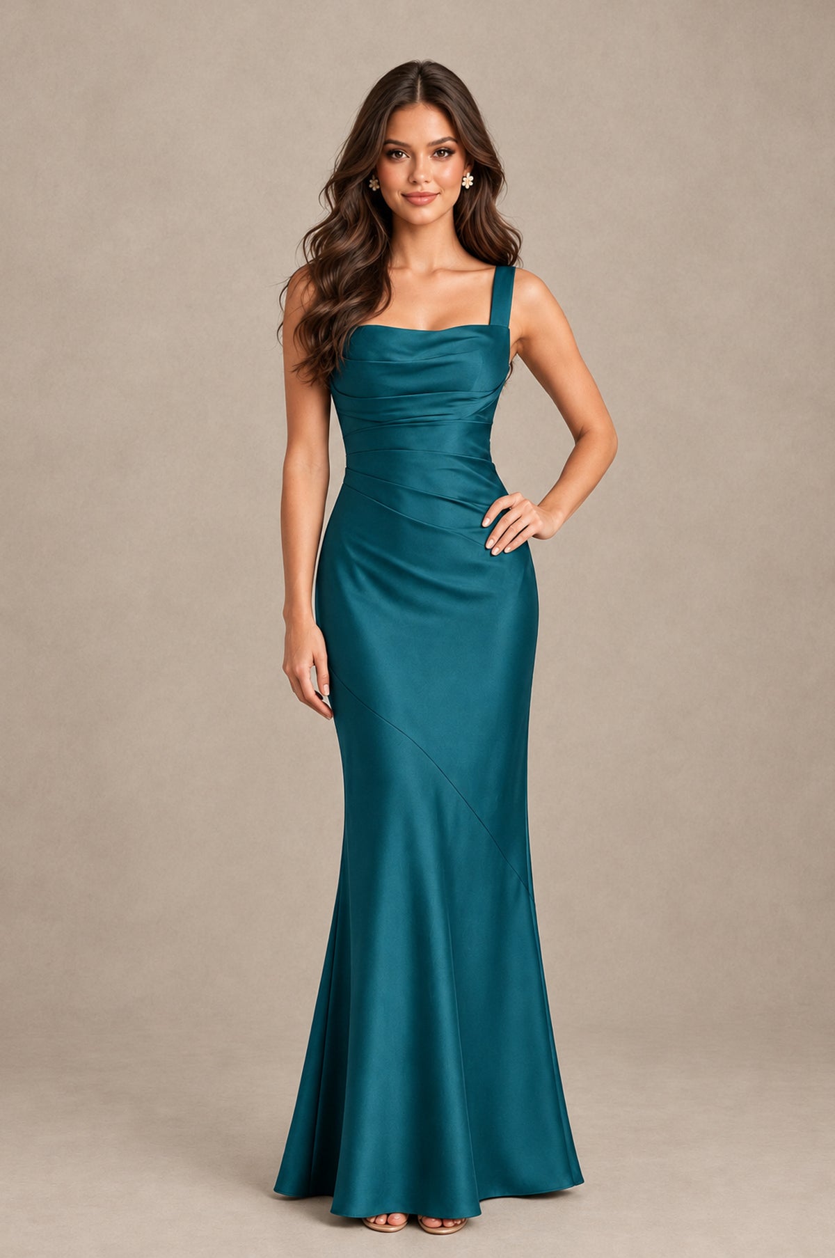 BOLODOO Peacock Square Neck Ruched Satin Lace-Up Bridesmaid Dress - Peacock - Peacock_3