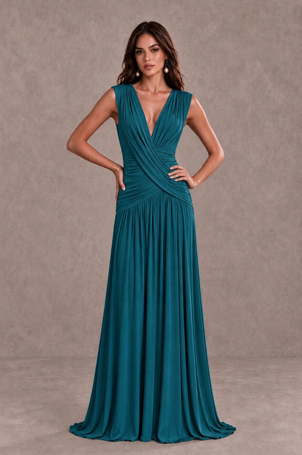 BOLODOO Peacock V-Neck Ruched Wedding Guest Dress - Peacock - Peacock_3