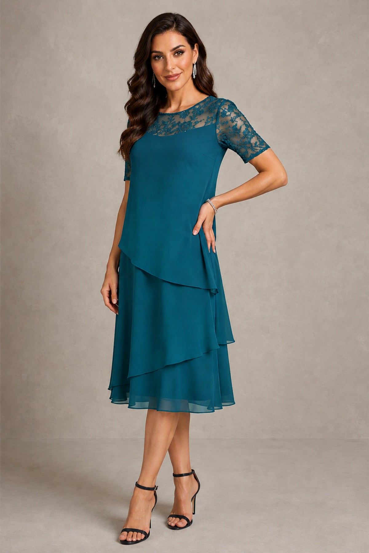 BOLODOO Peacock Illusion Lace Short Sleeve Tiered Chiffon Tea Length Dress | Mother of the Bride Midi Dress - Peacock
