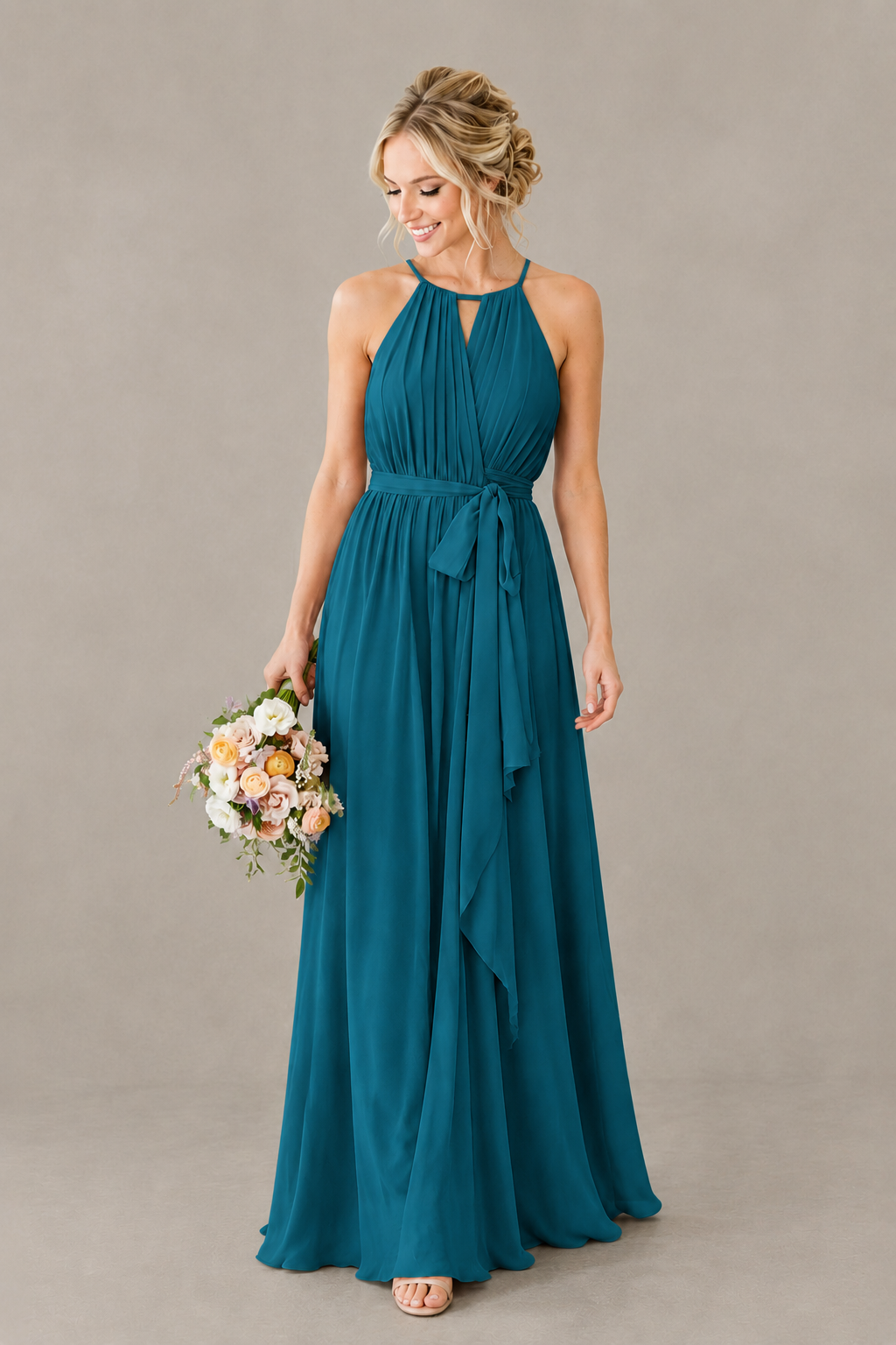 BOLODOO Peacock Halter Chiffon Bridesmaid Dress with High Slit - Peacock