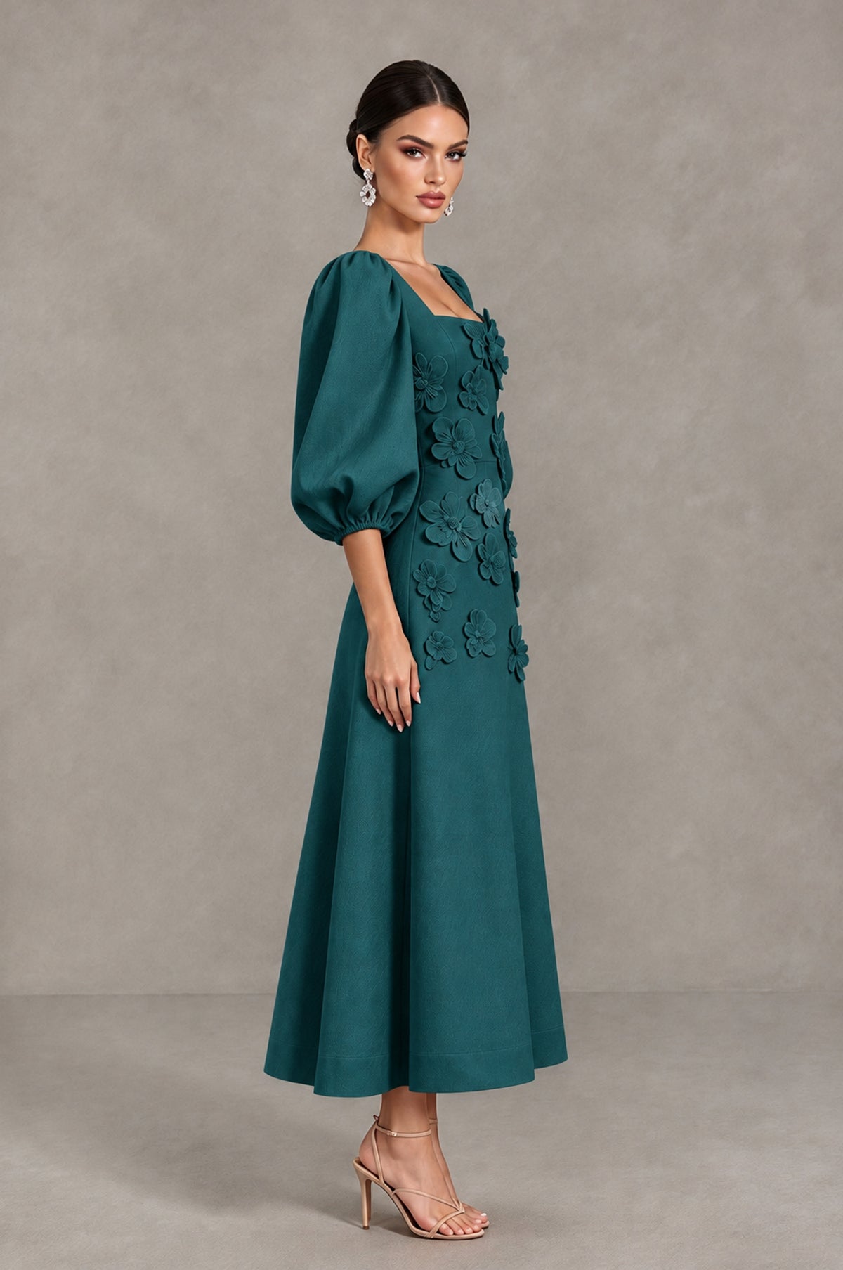 BOLODOO Peacock 3D Floral Puff Sleeve Midi Cocktail Dress - Peacock - Peacock_4