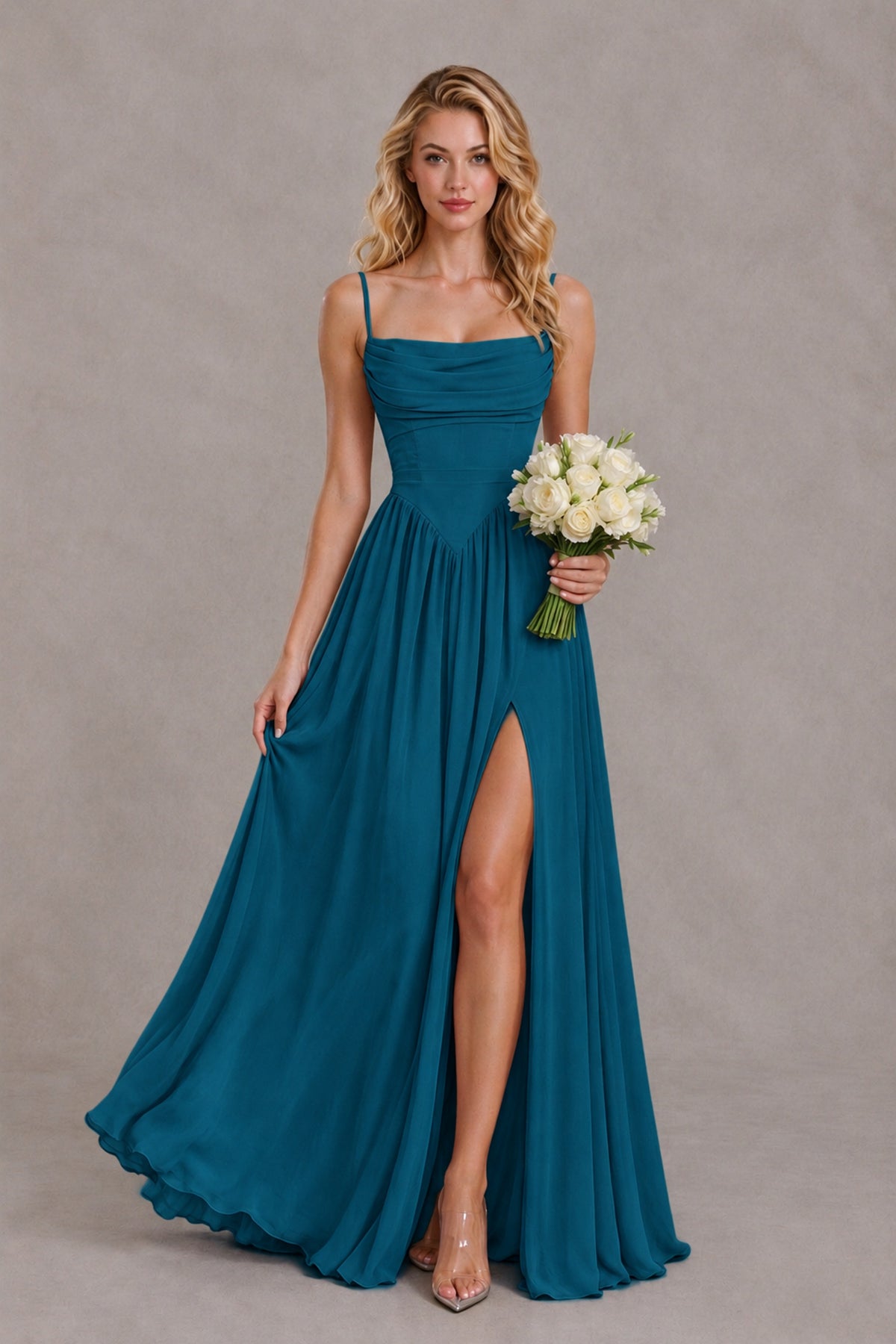 BOLODOO Peacock Spaghetti Strap A-Line Bridesmaid Dress with Slit - Peacock - Peacock_4