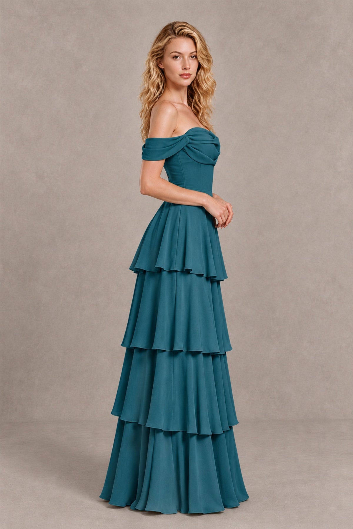 BOLODOO Peacock Off-the-Shoulder Tiered A-Line Evening Bridesmaid Dress - Peacock - Peacock_4