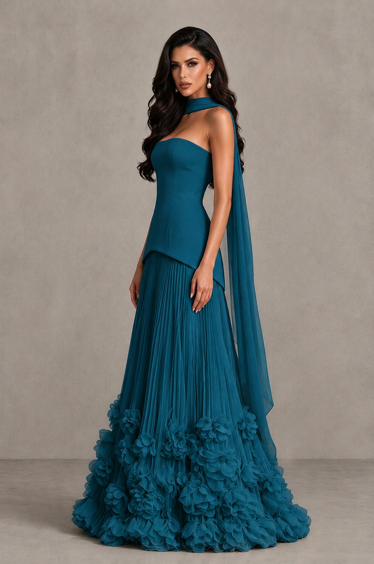 BOLODOO Peacock Strapless Pleated Floral Hem Evening Gown - Peacock - Peacock_4