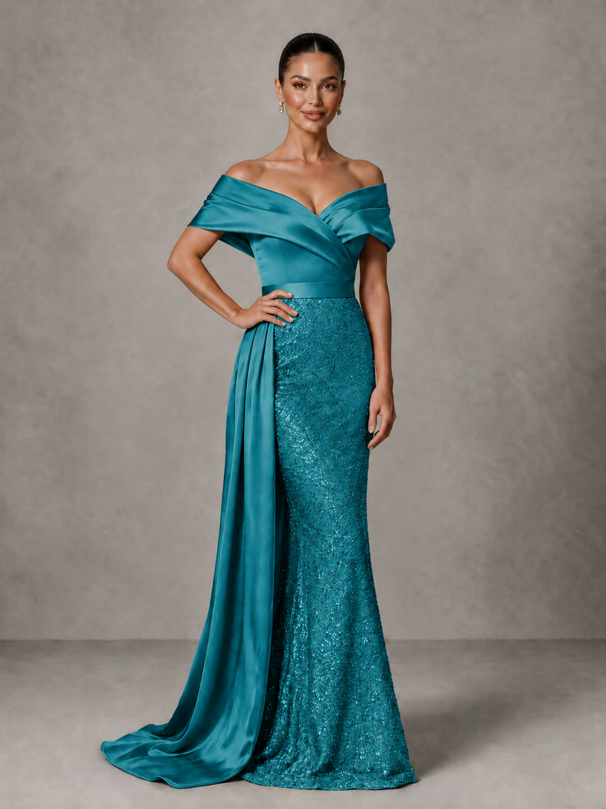 BOLODOO Peacock Sequin Mermaid Evening Dress with Off-Shoulder Satin Drape and Sweep Train - Peacock - Peacock_4