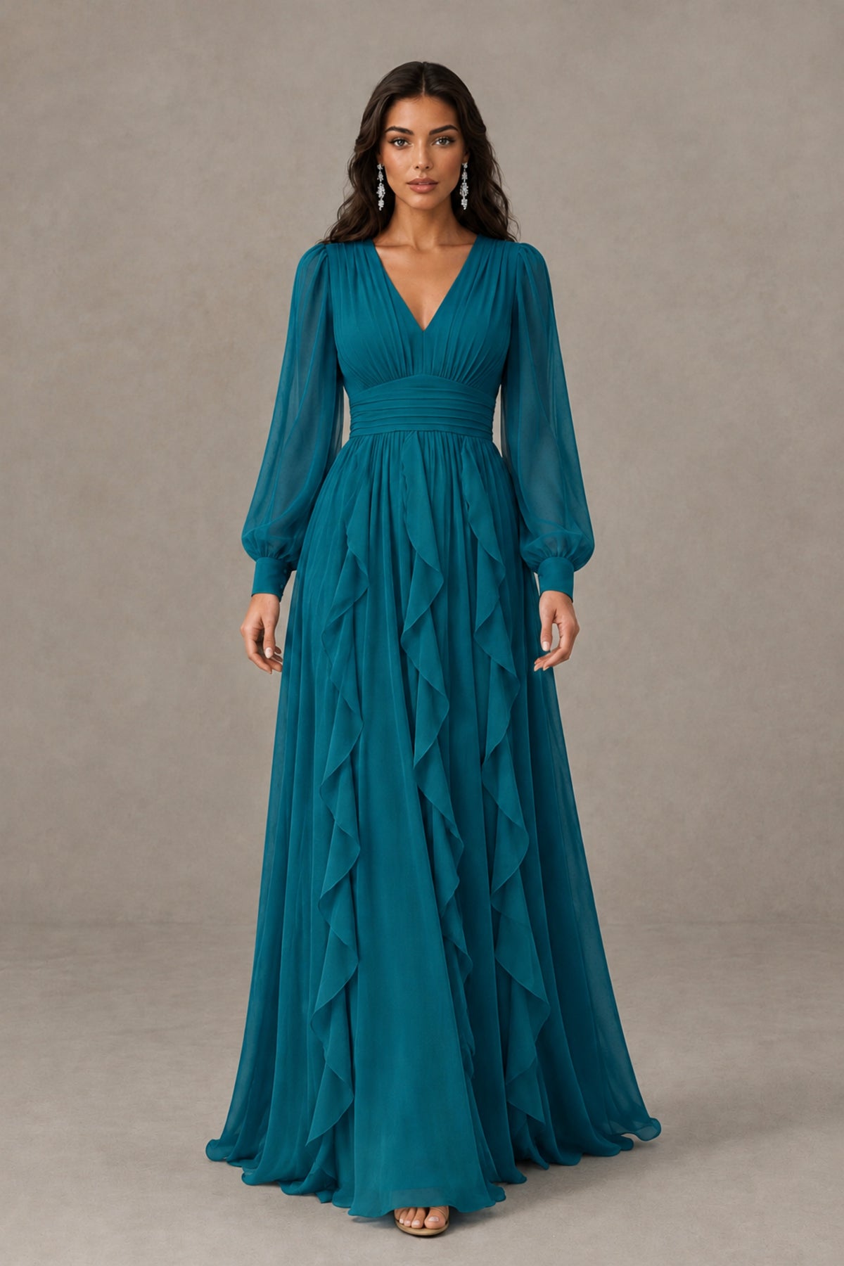 BOLODOO Peacock Long Sleeve V-Neck Ruffle Maxi Dress - Peacock