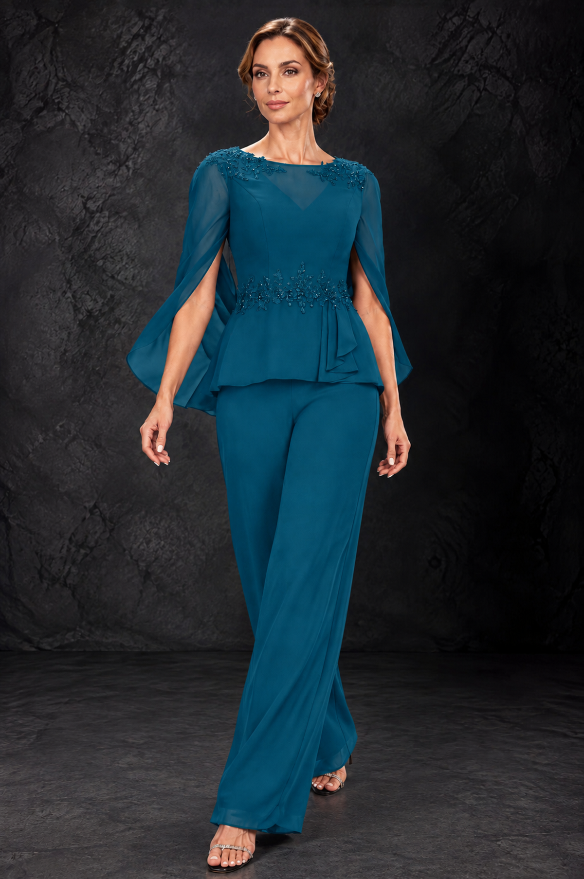 BOLODOO Peacock Embellished Cape Sleeve Mother of the Bride Pantsuit - Peacock - Peacock_4