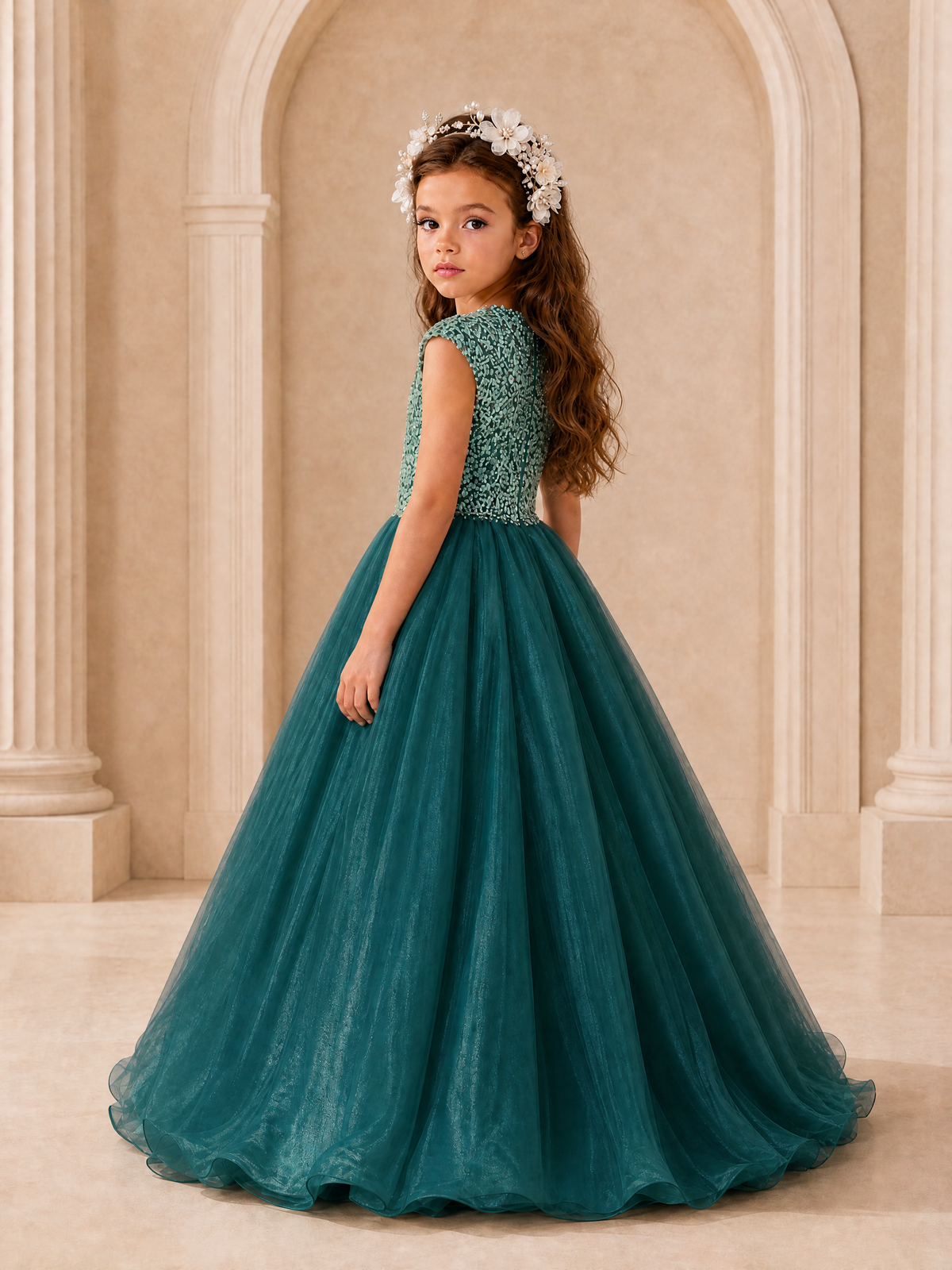 BOLODOO Peacock Sequin Tulle Flower Girl Dress with Cap Sleeves - Peacock - Peacock_4