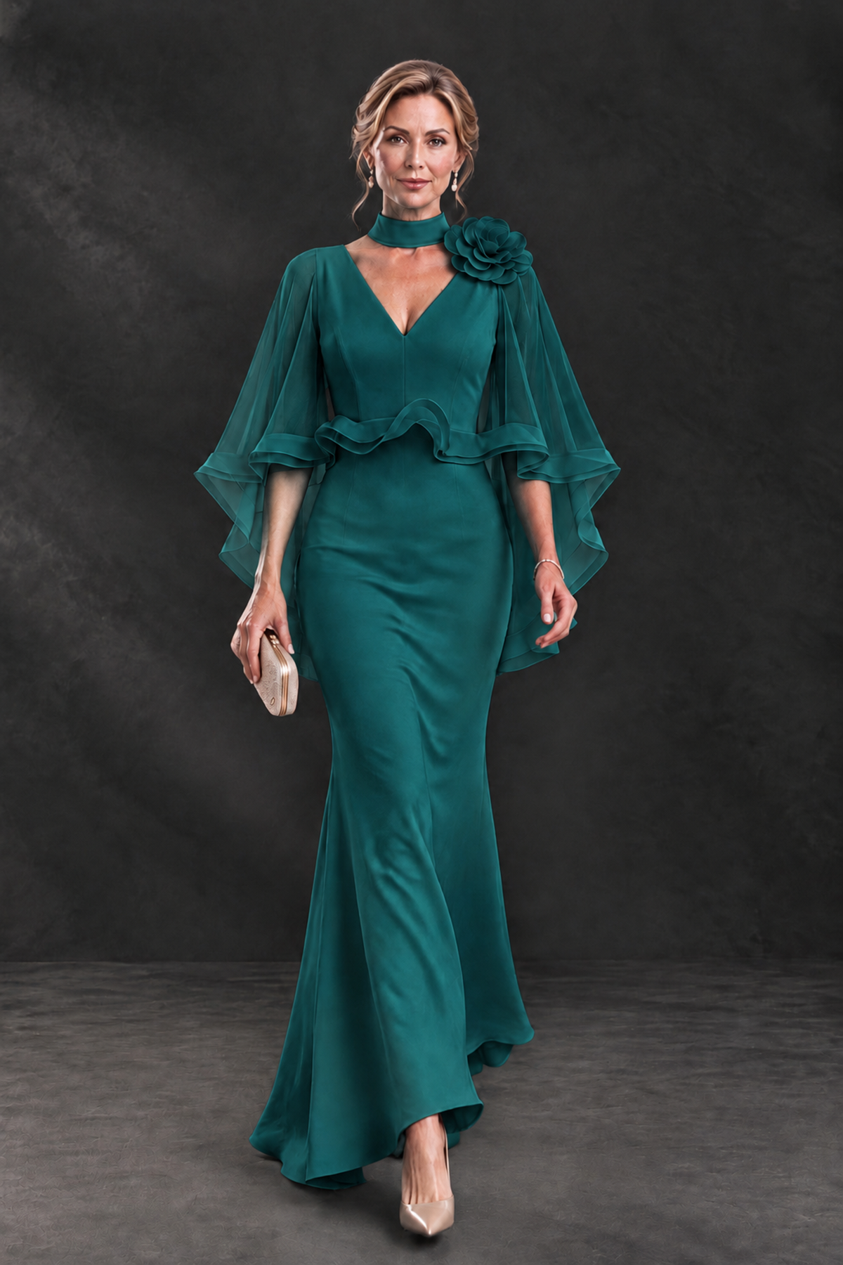 BOLODOO Peacock Floral Cape Sleeve Mother of the Bride Dress - Peacock - Peacock_4