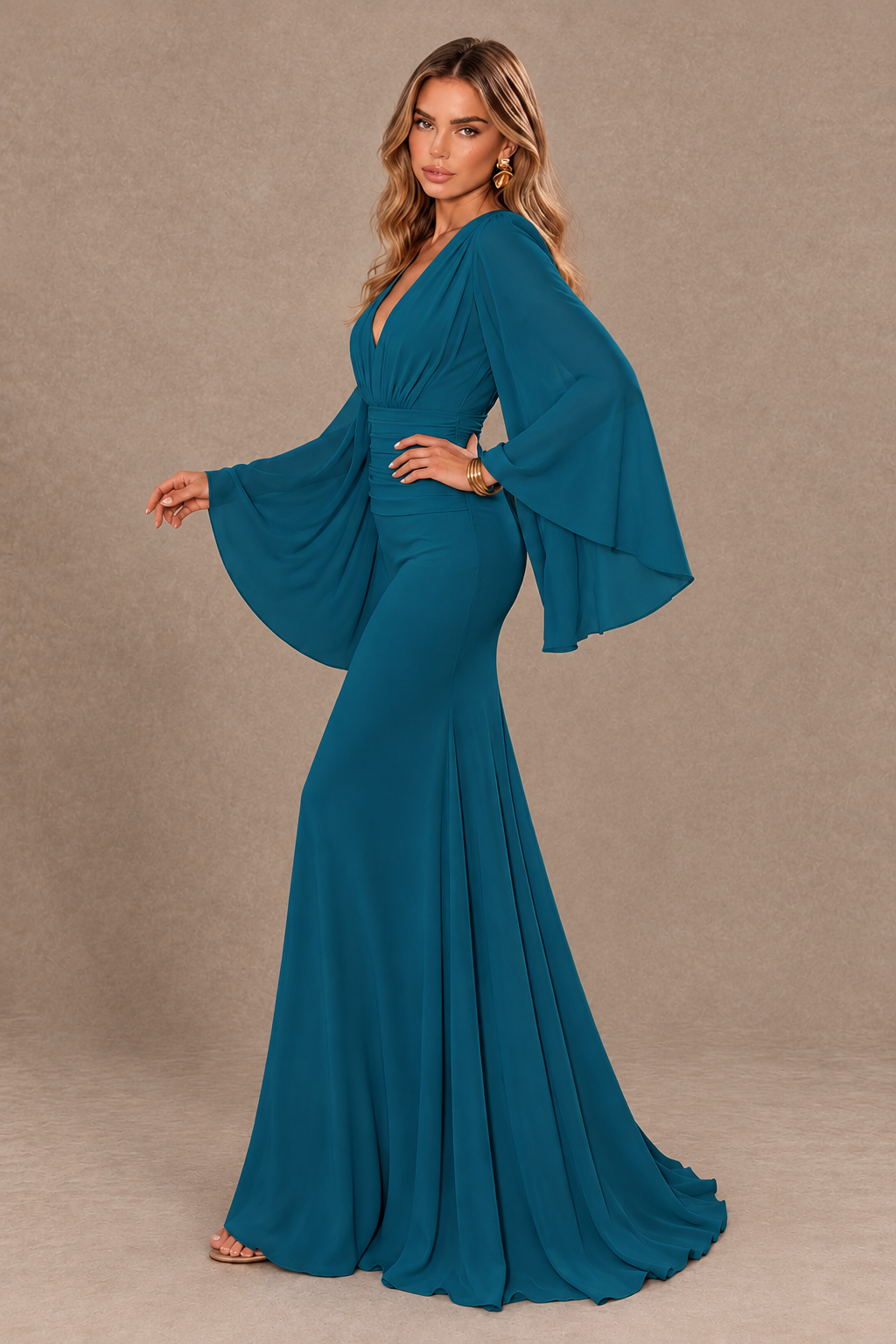 BOLODOO Peacock Cape Sleeve V-Neck Ruched Chiffon Evening Dress - Peacock - Peacock_4