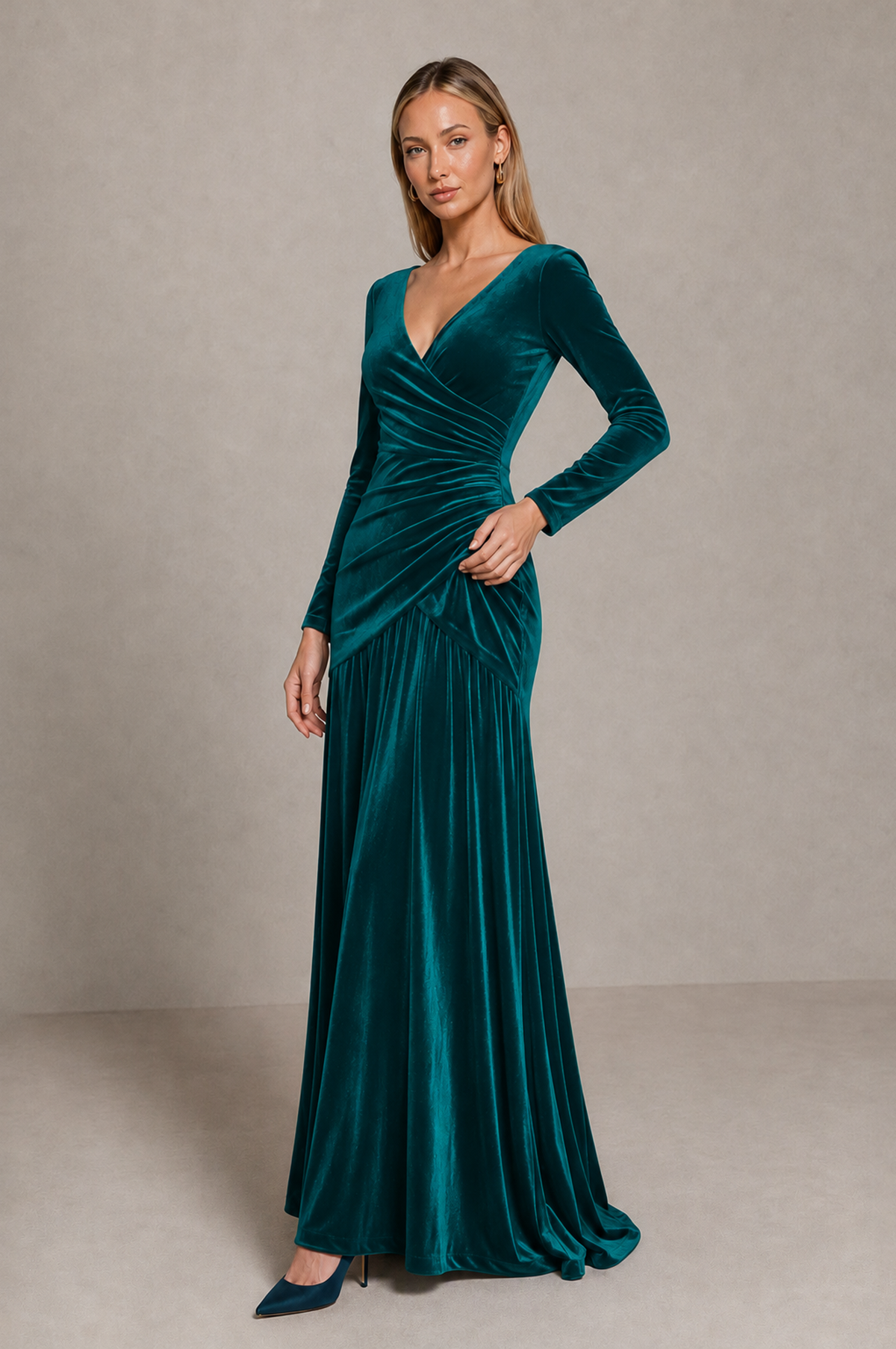 BOLODOO Peacock Velvet Long Sleeve V-Neck Ruched Evening Dress - Peacock - Peacock_4